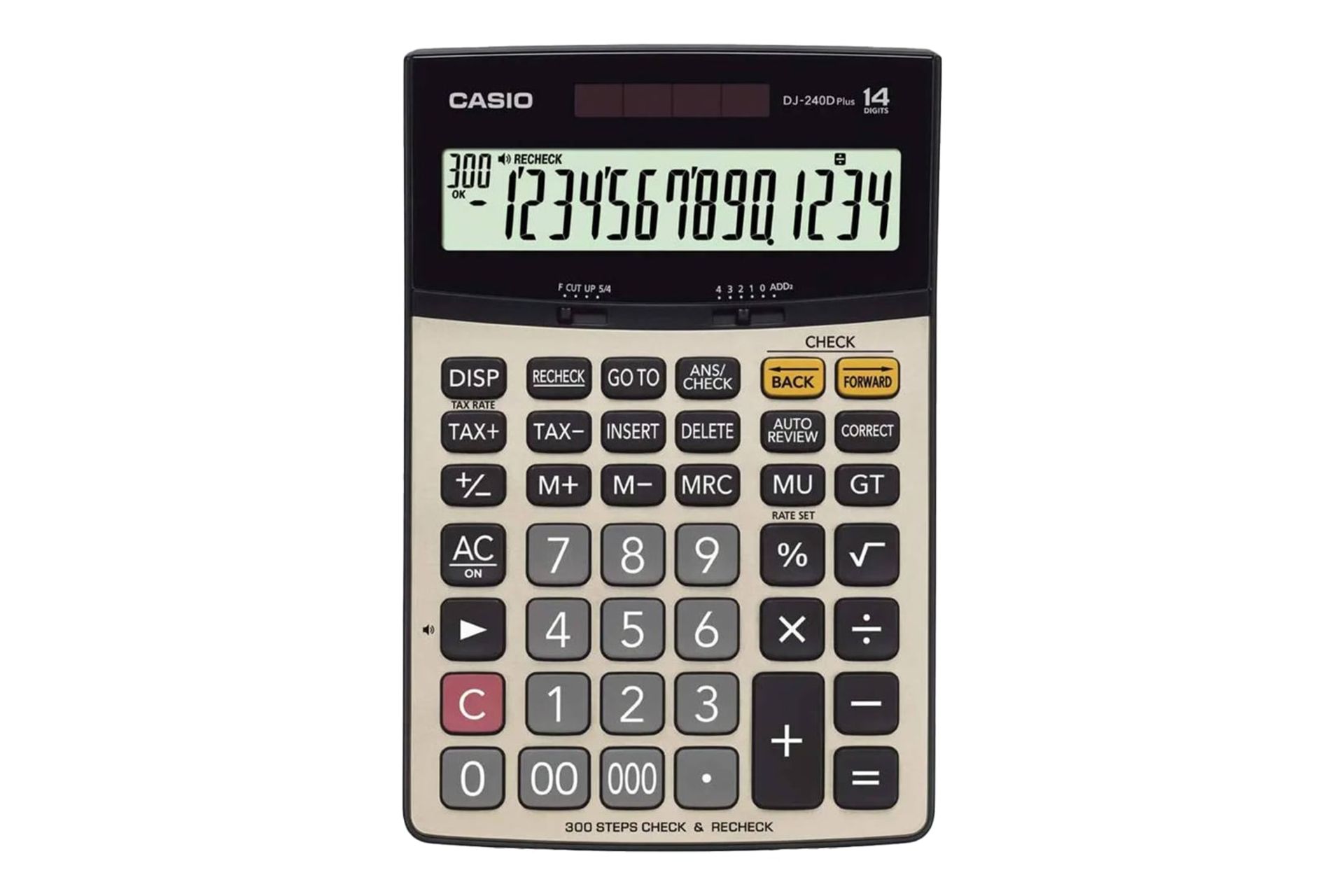 نمای بالای ماشین حساب کاسیو DJ-240D PLUS با نمایشگر روشن و نمایش صفحه کلید