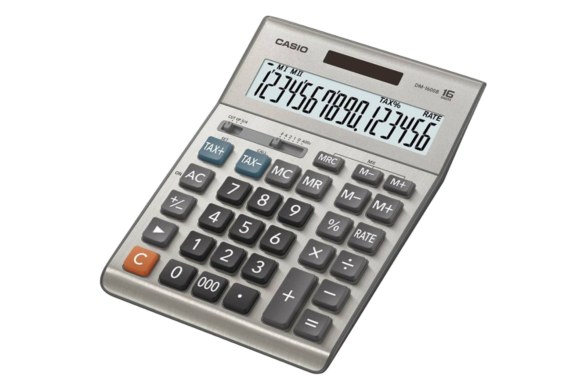 نمای نیمرخ ماشین حساب کاسیو DM-1600B با نمایشگر روشن و نمایش صفحه کلید
