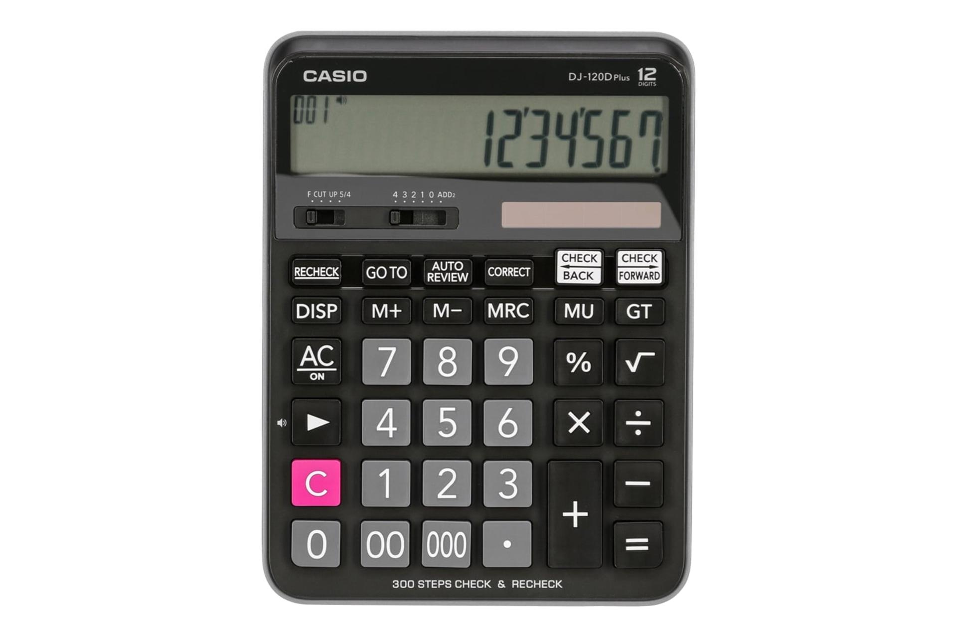 نمای بالای ماشین حساب کاسیو DJ-120D Plus با نمایشگر روشن و نمایش صفحه کلید