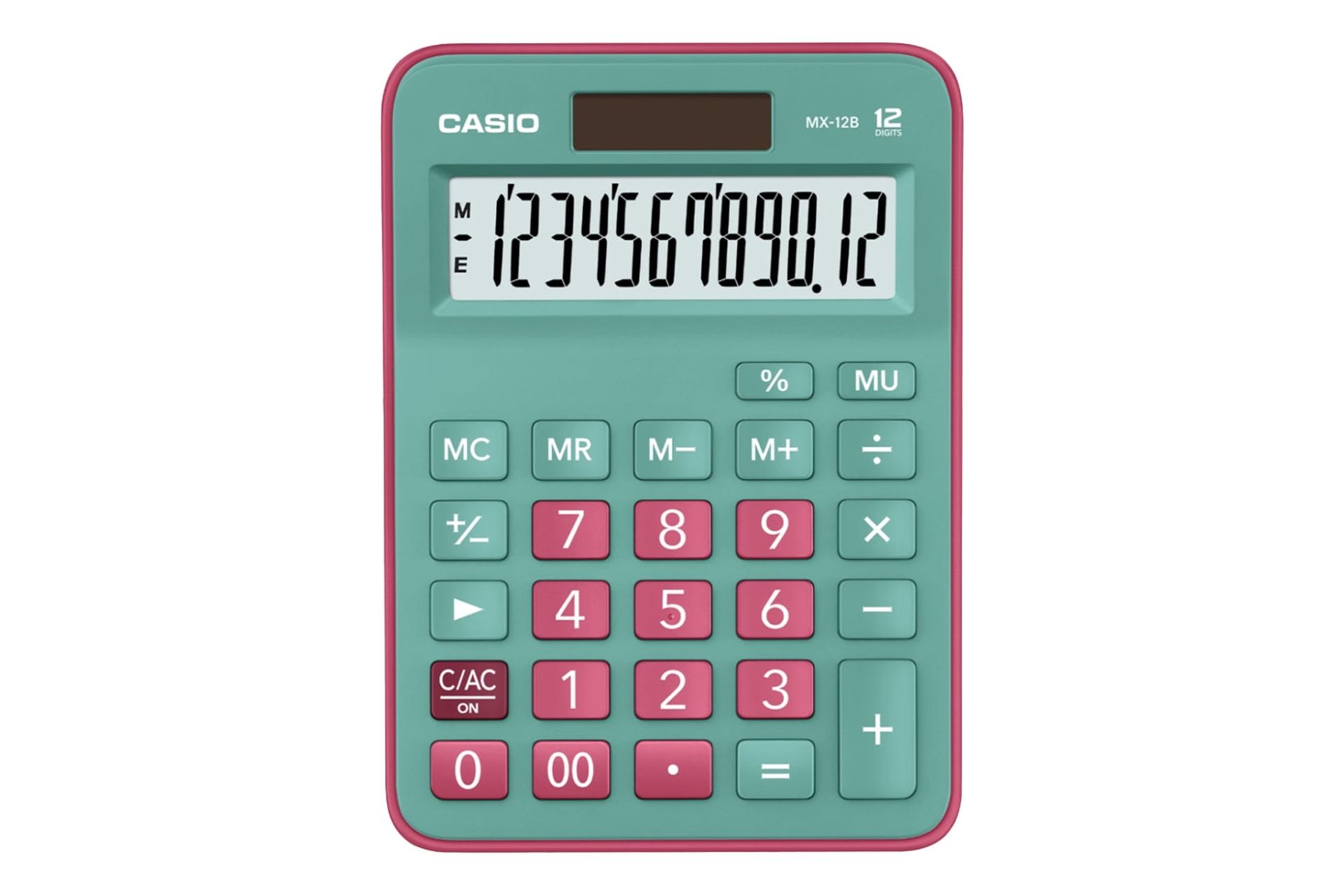 نمای بالای ماشین حساب کاسیو MX-12B با نمایشگر روشن و نمایش صفحه کلید رنگ سبز