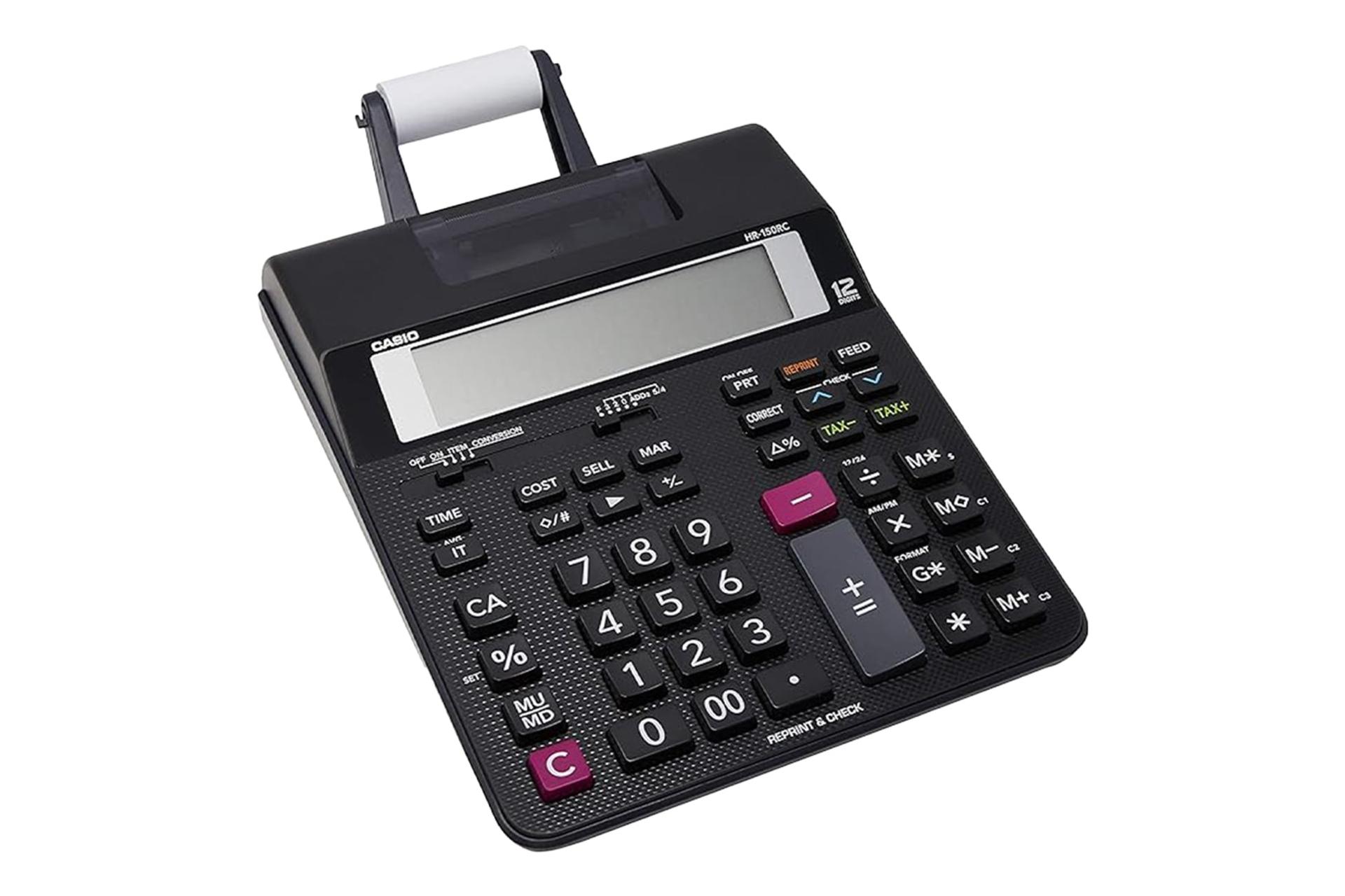 نمای نیمرخ ماشین حساب کاسیو HR-150RC با نمایش لبه سمت چپ و فیدر کاغذ