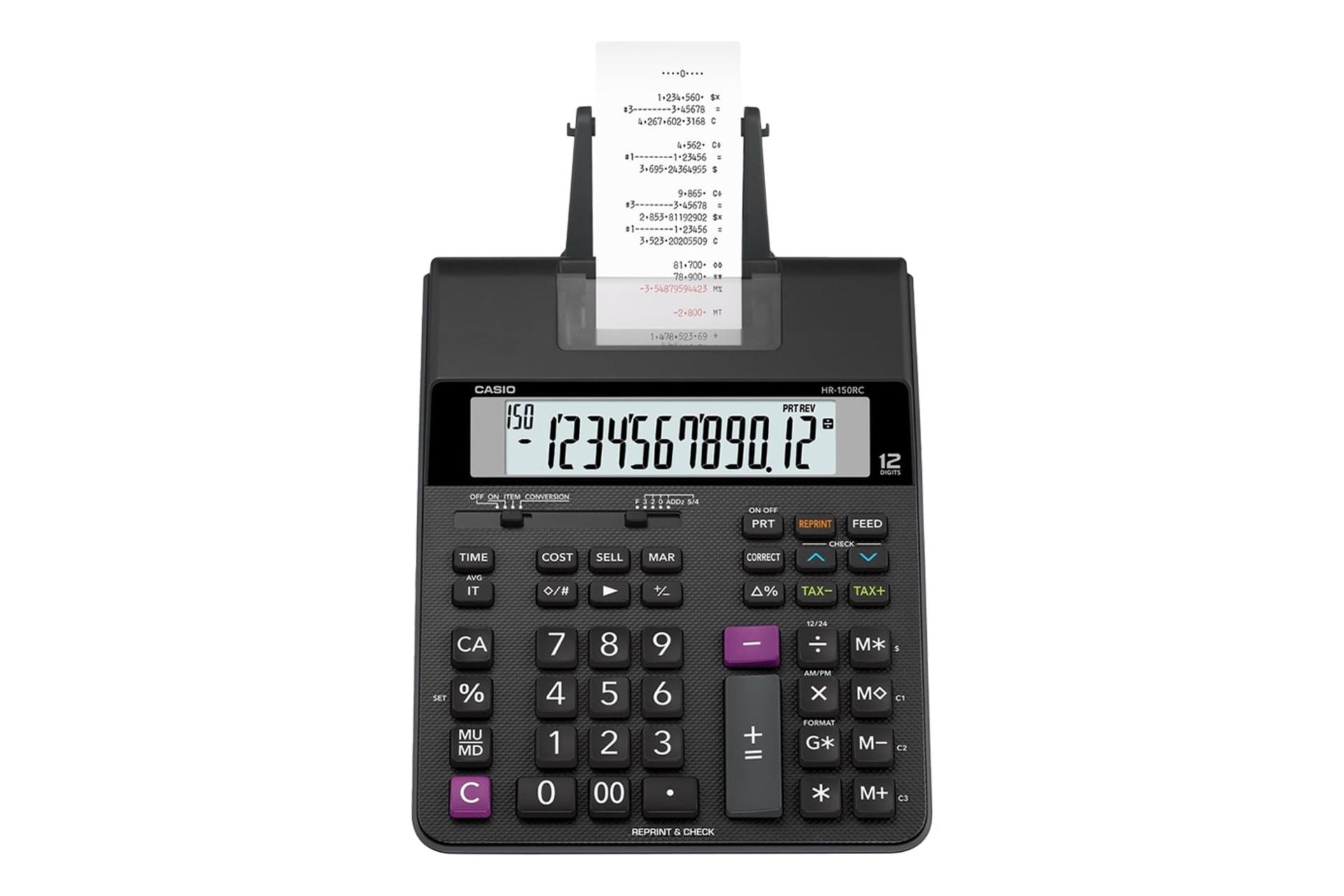 نمای بالای ماشین حساب کاسیو HR-150RC با نمایشگر روشن و نمایش صفحه کلید