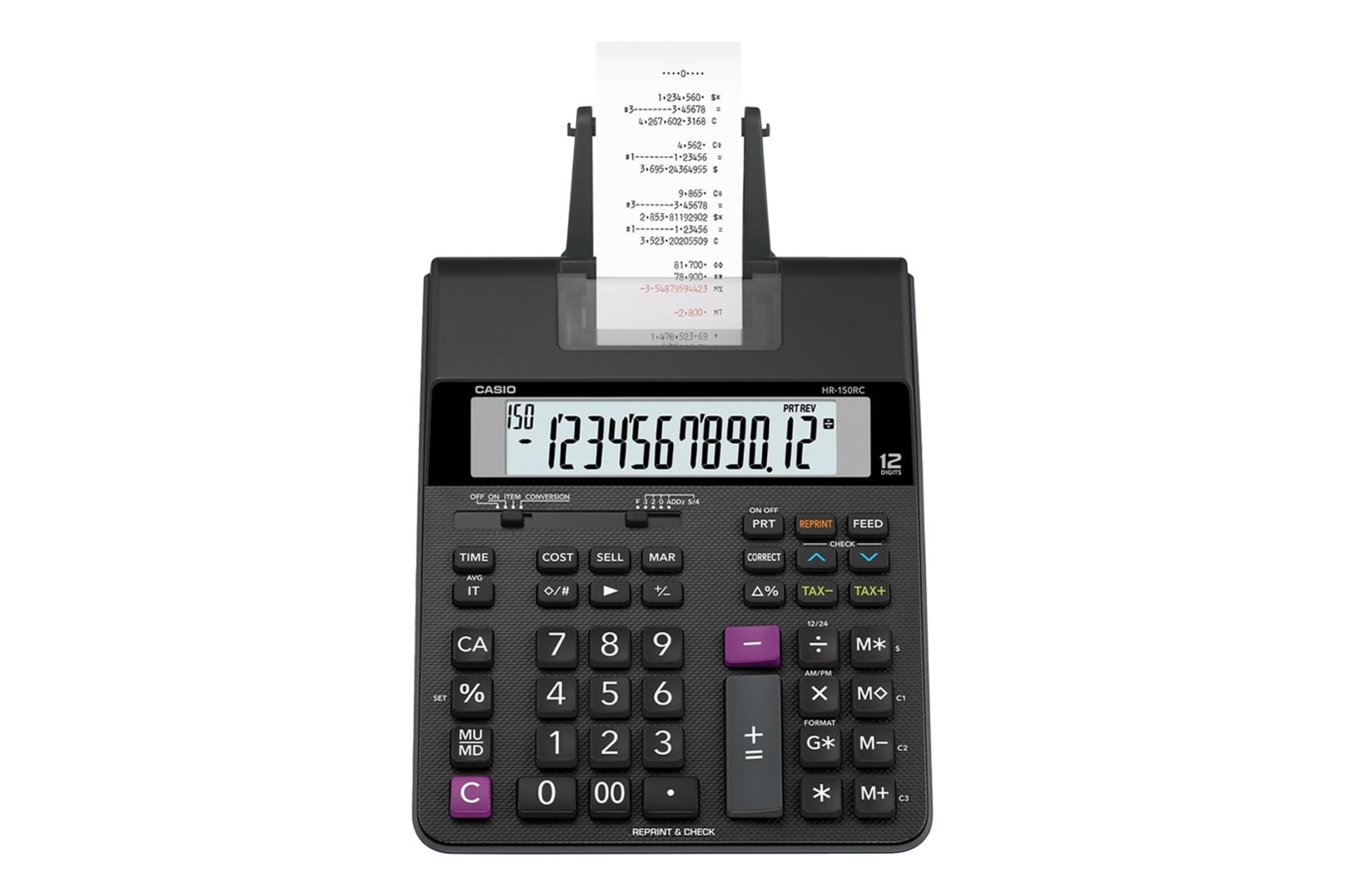 نمای بالای ماشین حساب کاسیو HR-150RC با نمایشگر روشن و نمایش صفحه کلید