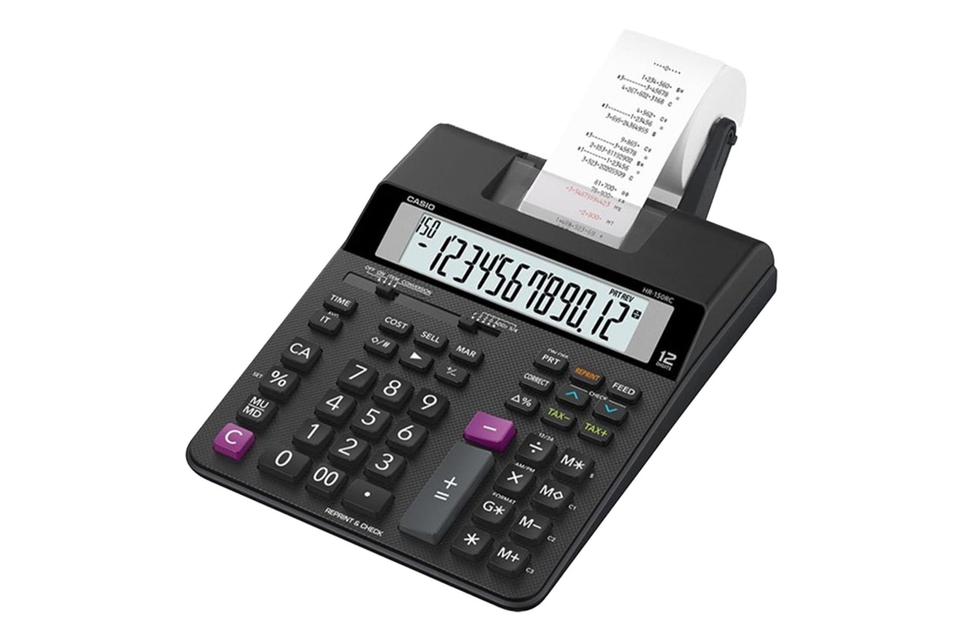 نمای نیمرخ ماشین حساب کاسیو HR-150RC با نمایش لبه سمت راست و پایین