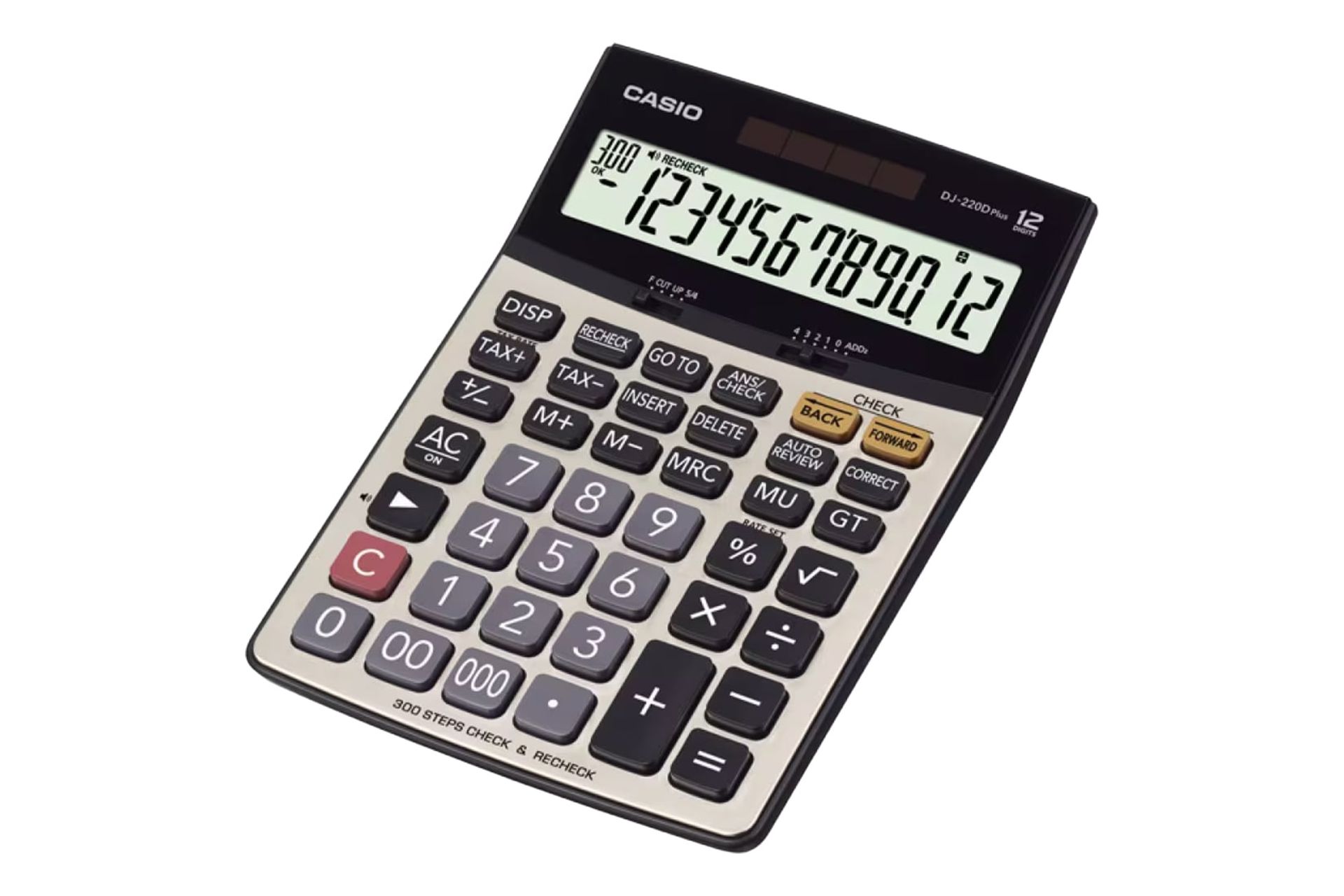 نمای نیمرخ ماشین حساب کاسیو DJ-220D Plus با نمایشگر روشن