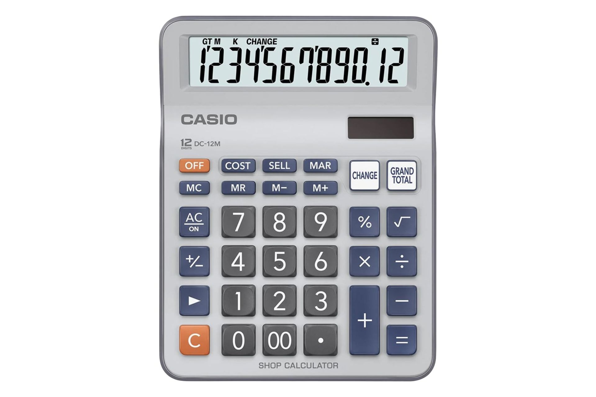 نمای بالای ماشین حساب کاسیو DC-12M با نمایشگر روشن و نمایش صفحه کلید