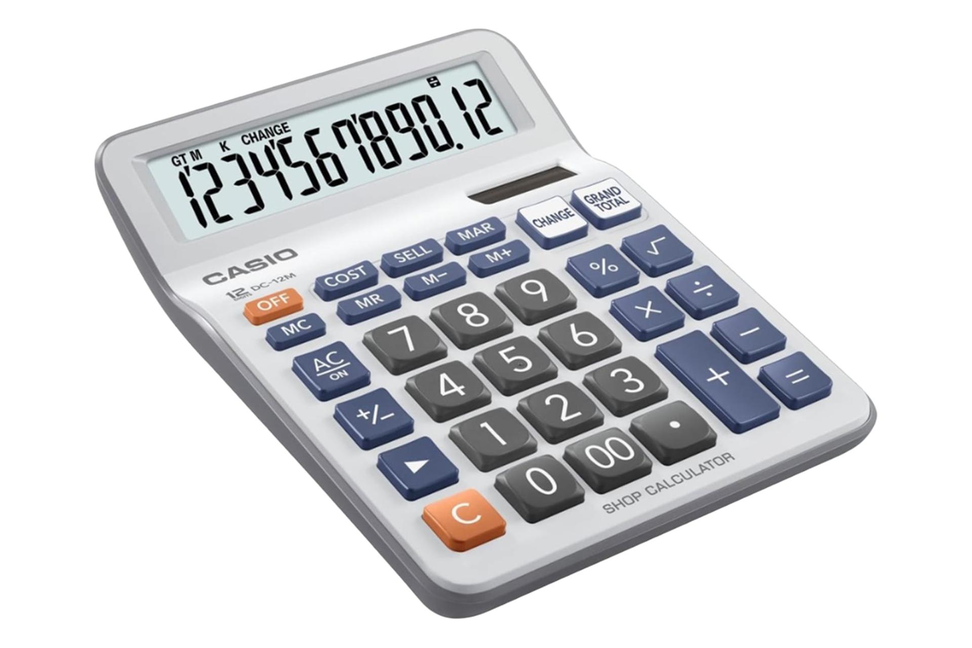 نمای نیمرخ ماشین حساب کاسیو DC-12M با نمایش لبه سمت چپ