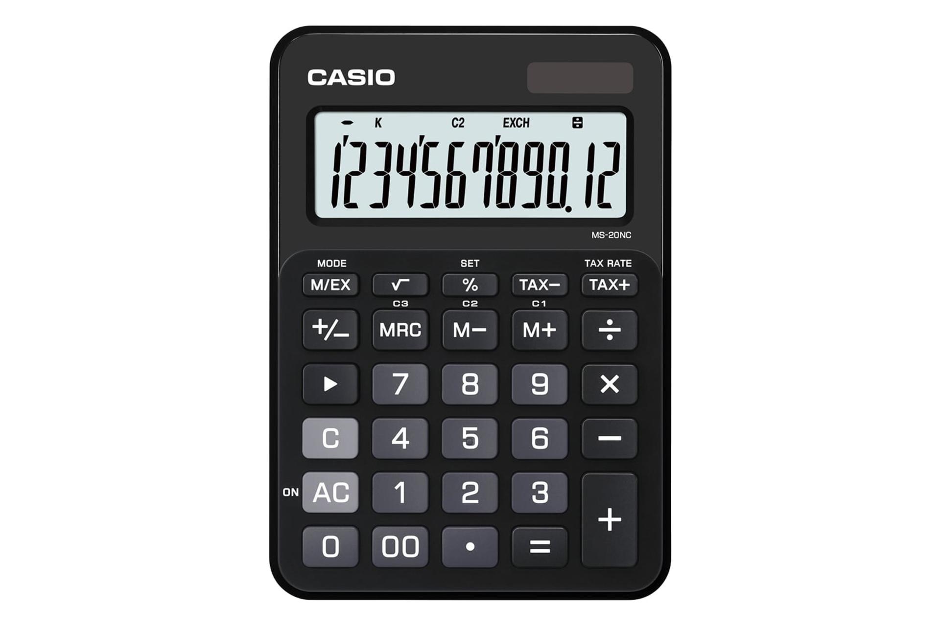 نمای بالای ماشین حساب کاسیو MS-20NC با نمایشگر روشن و نمایش صفحه کلید رنگ مشکی