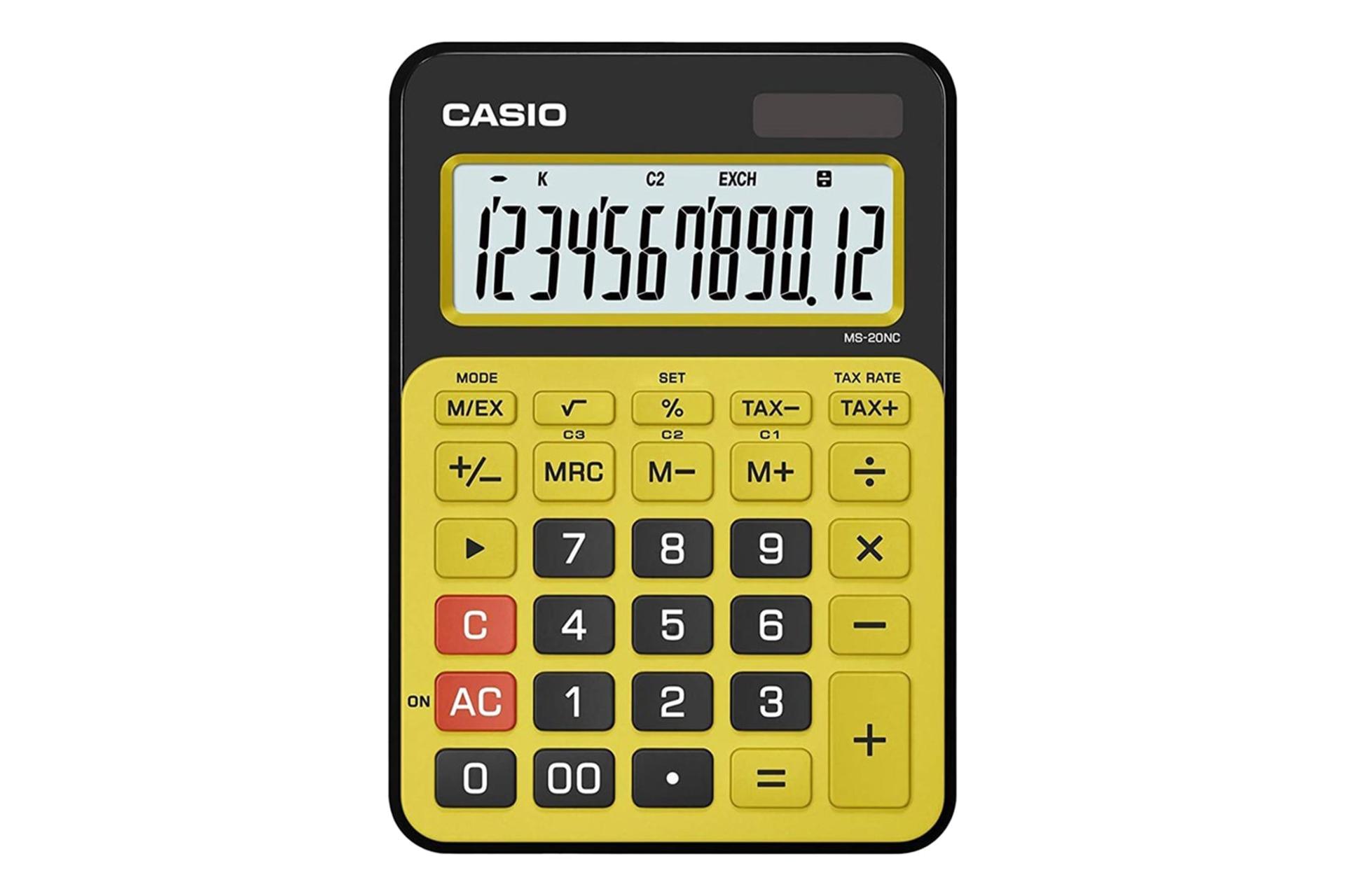 نمای بالای ماشین حساب کاسیو MS-20NC با نمایشگر روشن و نمایش صفحه کلید رنگ زرد
