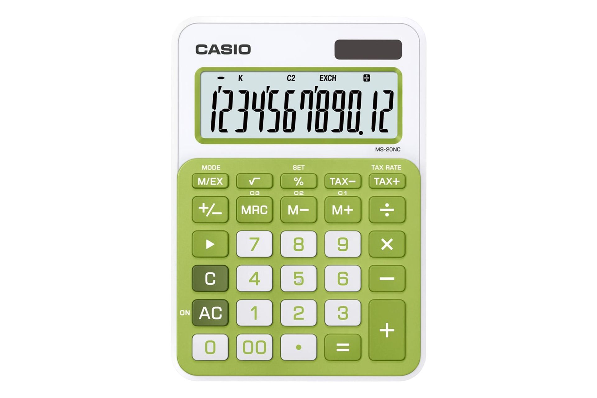 نمای بالای ماشین حساب کاسیو MS-20NC با نمایشگر روشن و نمایش صفحه کلید رنگ سبز