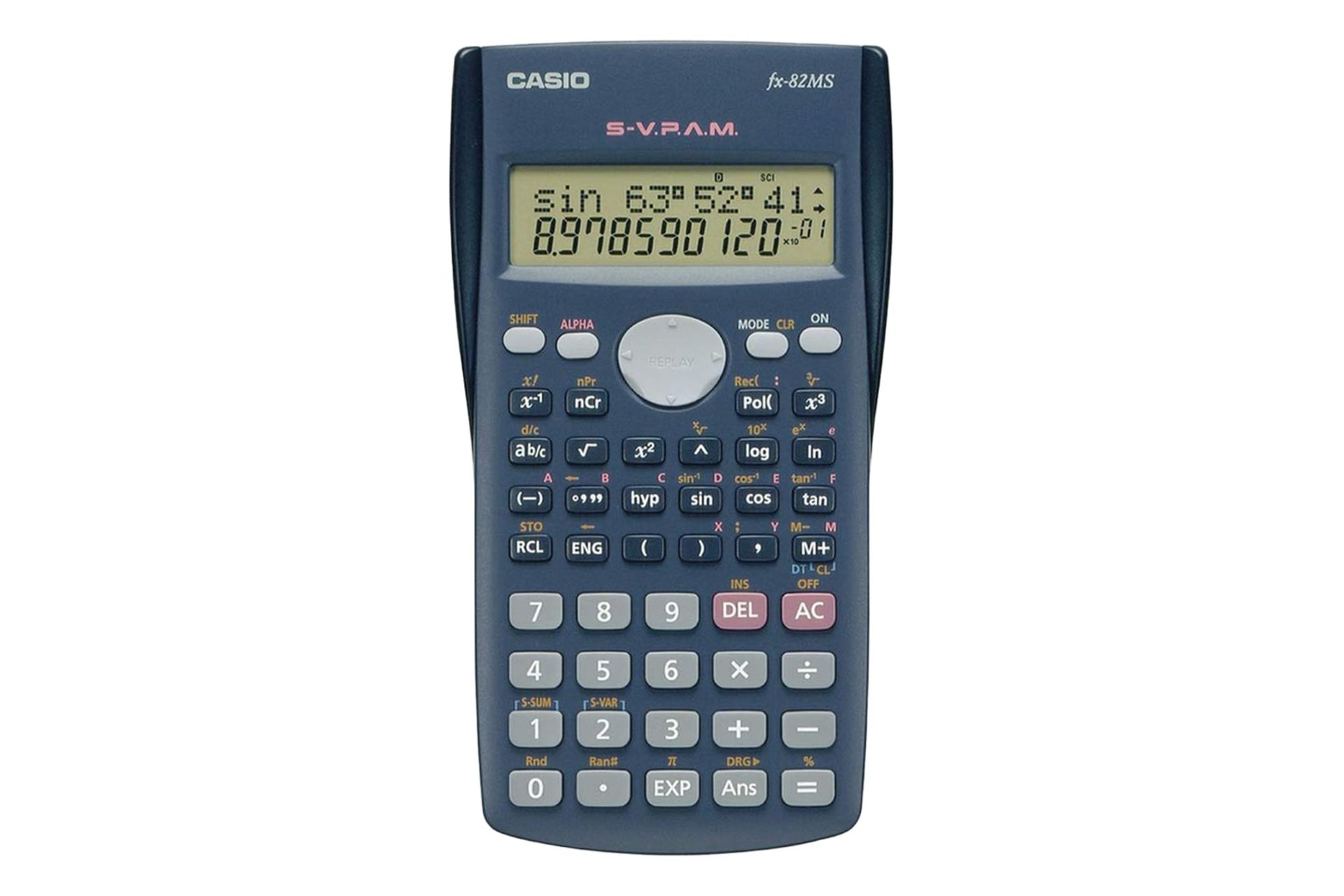 نمای بالای ماشین حساب کاسیو FX-82MS با نمایشگر روشن و نمایش صفحه کلید