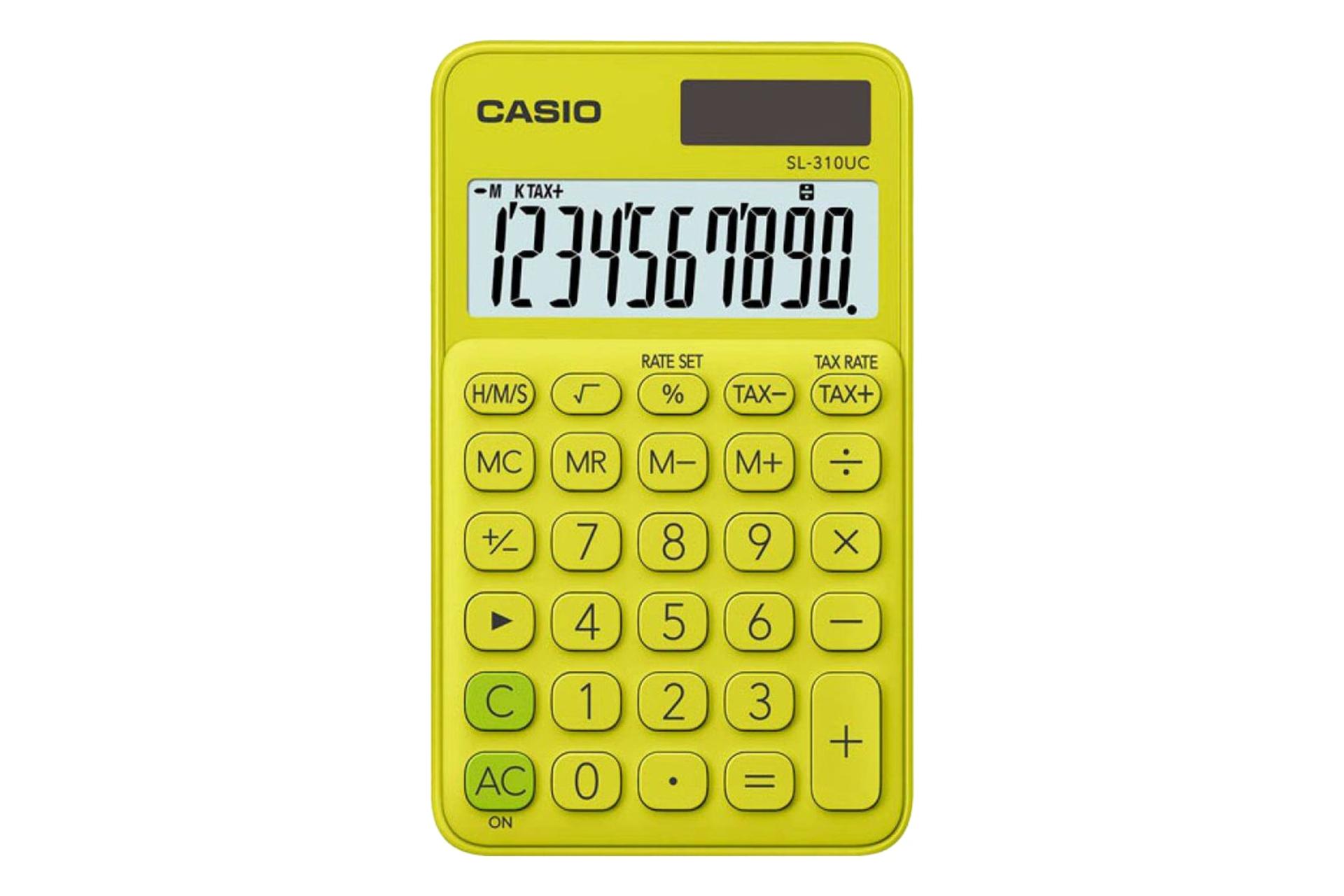 نمای بالای ماشین حساب کاسیو SL-310UC با نمایشگر روشن و نمایش صفحه کلید رنگ زرد