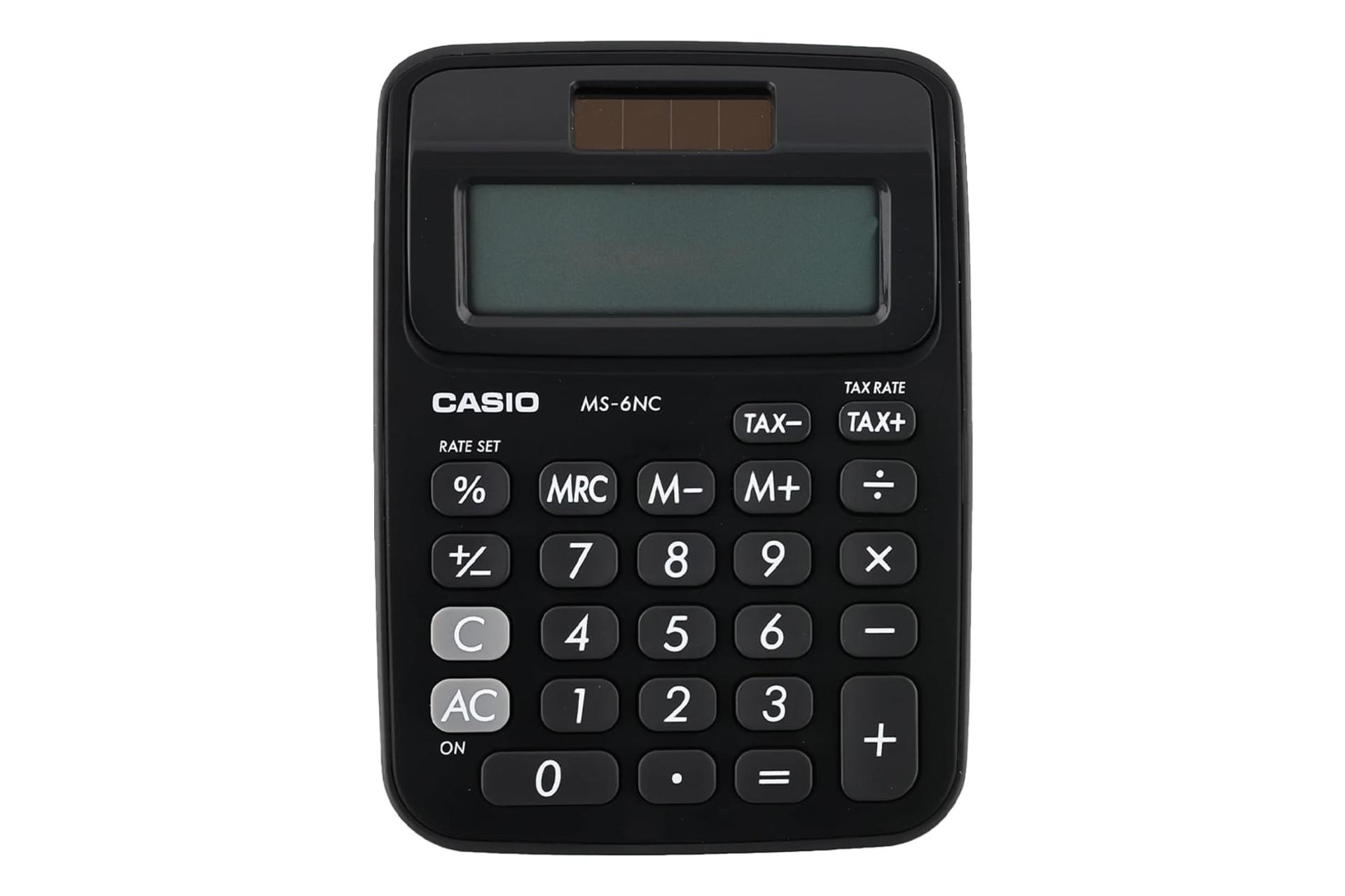 نمای بالای ماشین حساب کاسیو MS-6NC با نمایش صفحه کلید رنگ مشکی
