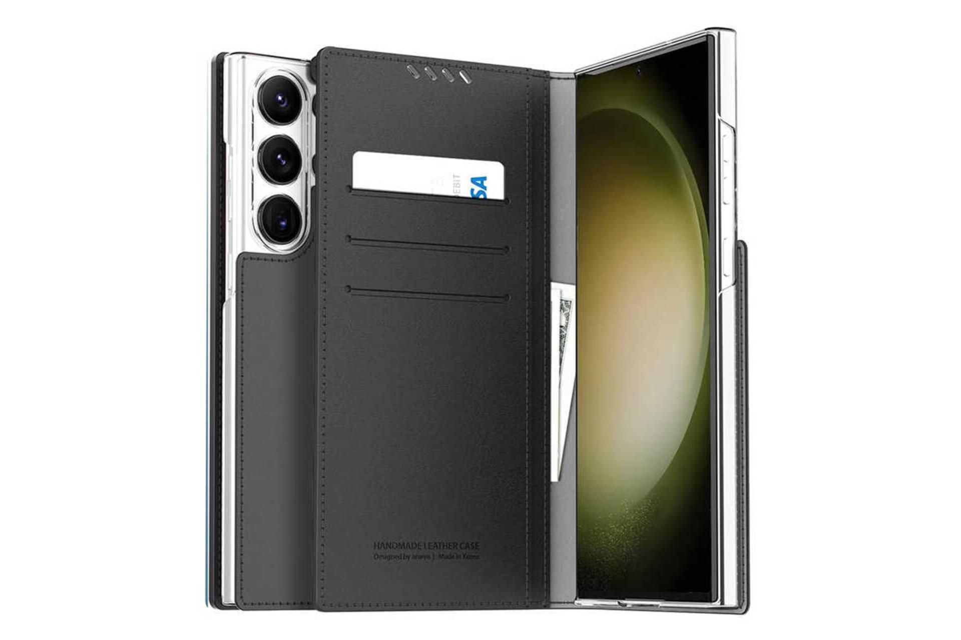نمای جلوی کیف کلاسوری آراری مدل Mustang Diary مناسب سامسونگ Galaxy S23 Ultra رنگ مشکی