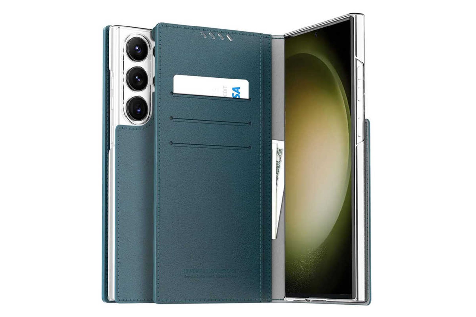 نمای جلوی کیف کلاسوری آراری مدل Mustang Diary مناسب سامسونگ Galaxy S23 Ultra رنگ آبی