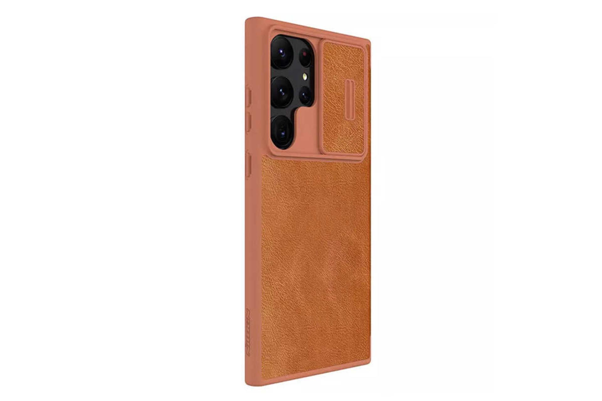 نمای سمت چپ کیف کلاسوری نیلکین مدل Qin Pro Leather مناسب سامسونگ Galaxy S23 Ultra رنگ قهوه‌ای