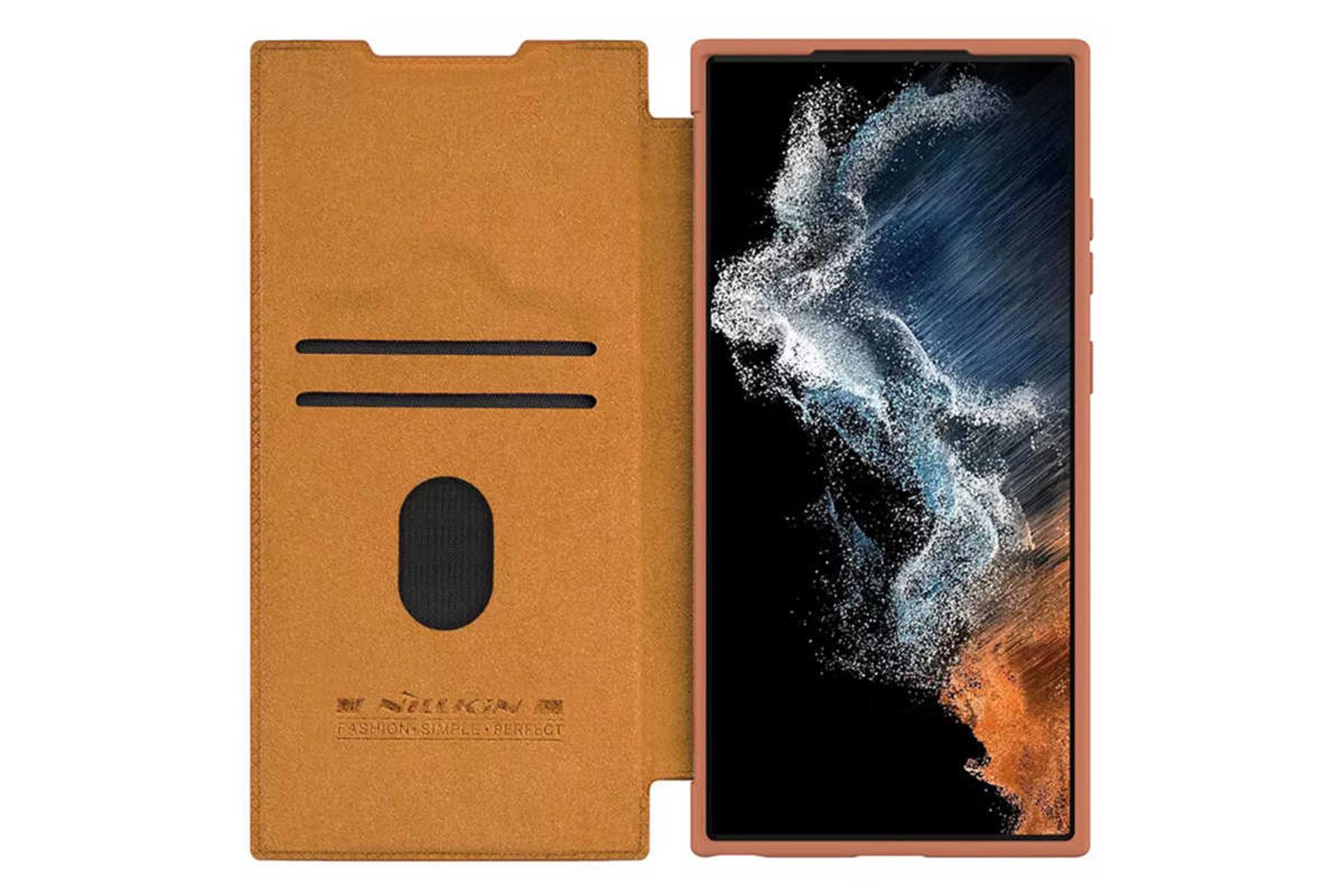 نمای بالای کیف کلاسوری نیلکین مدل Qin Pro Leather مناسب سامسونگ Galaxy S23 Ultra