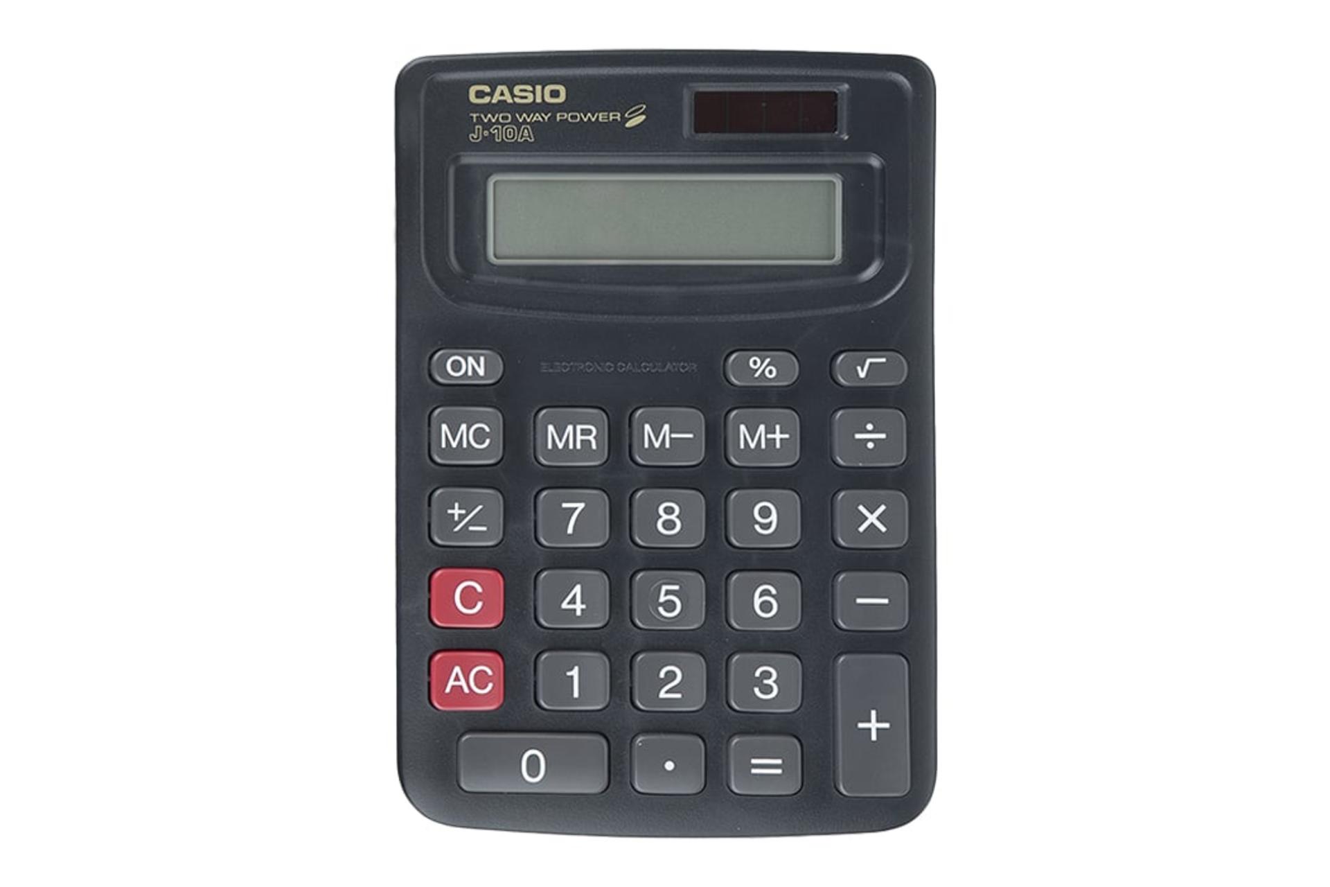 نمای پنل جلوی ماشین حساب کاسیو J-10ABK با نمایش صفحه کلید و لوگو