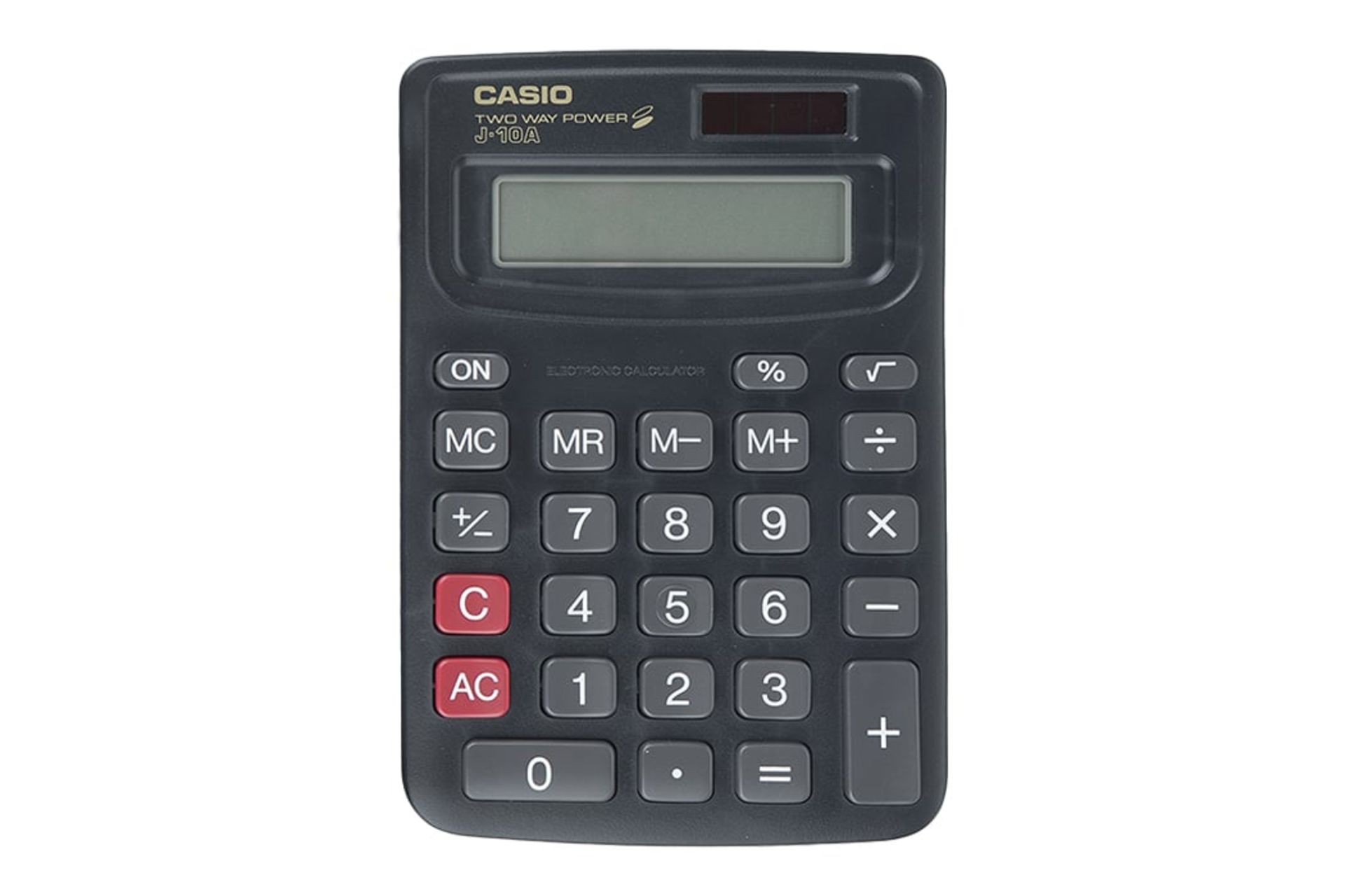 نمای پنل جلوی ماشین حساب کاسیو J-10ABK با نمایش صفحه کلید و لوگو