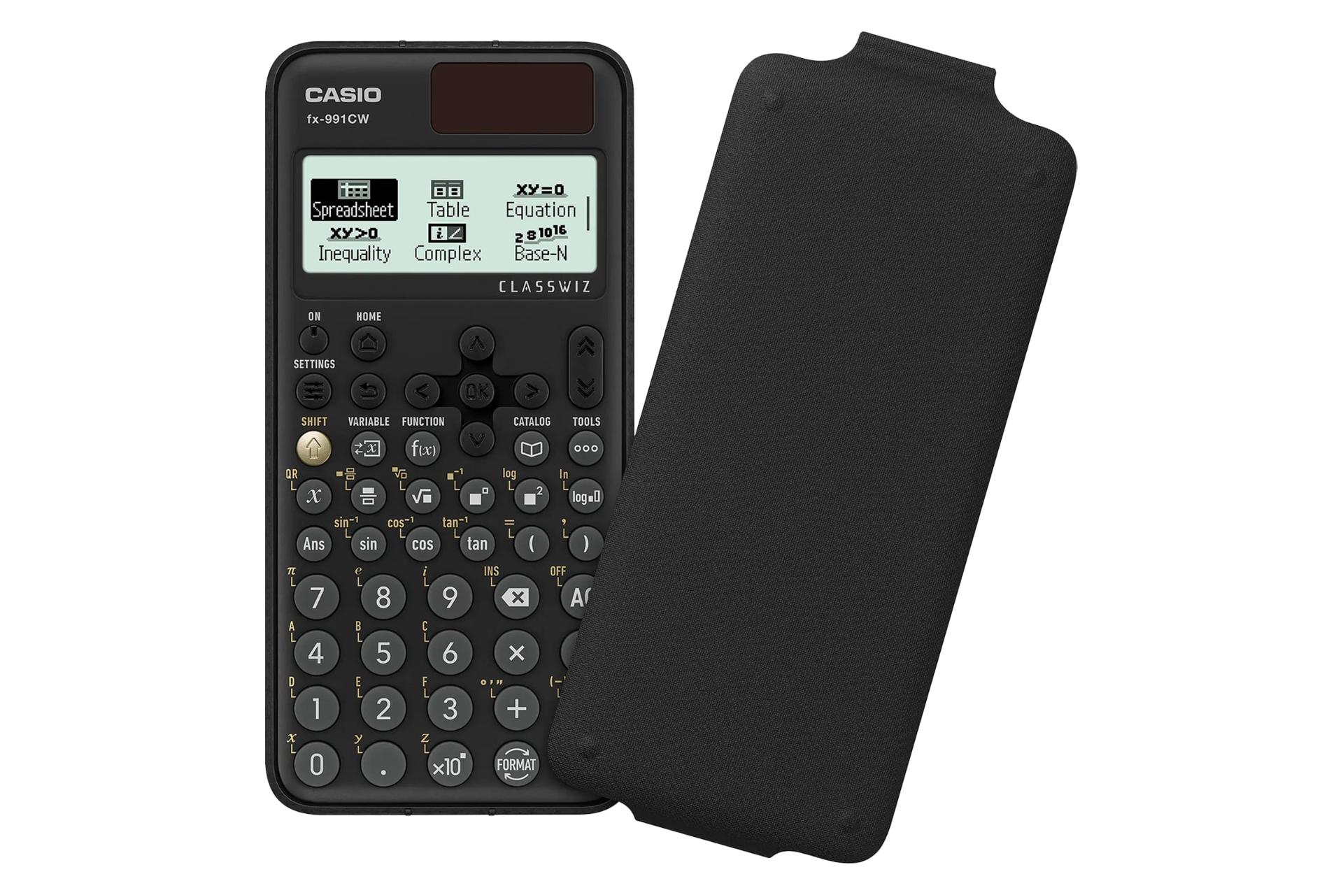 نمای کلی ماشین حساب کاسیو FX-991CW با نمایش کاور مخصوص رنگ مشکی