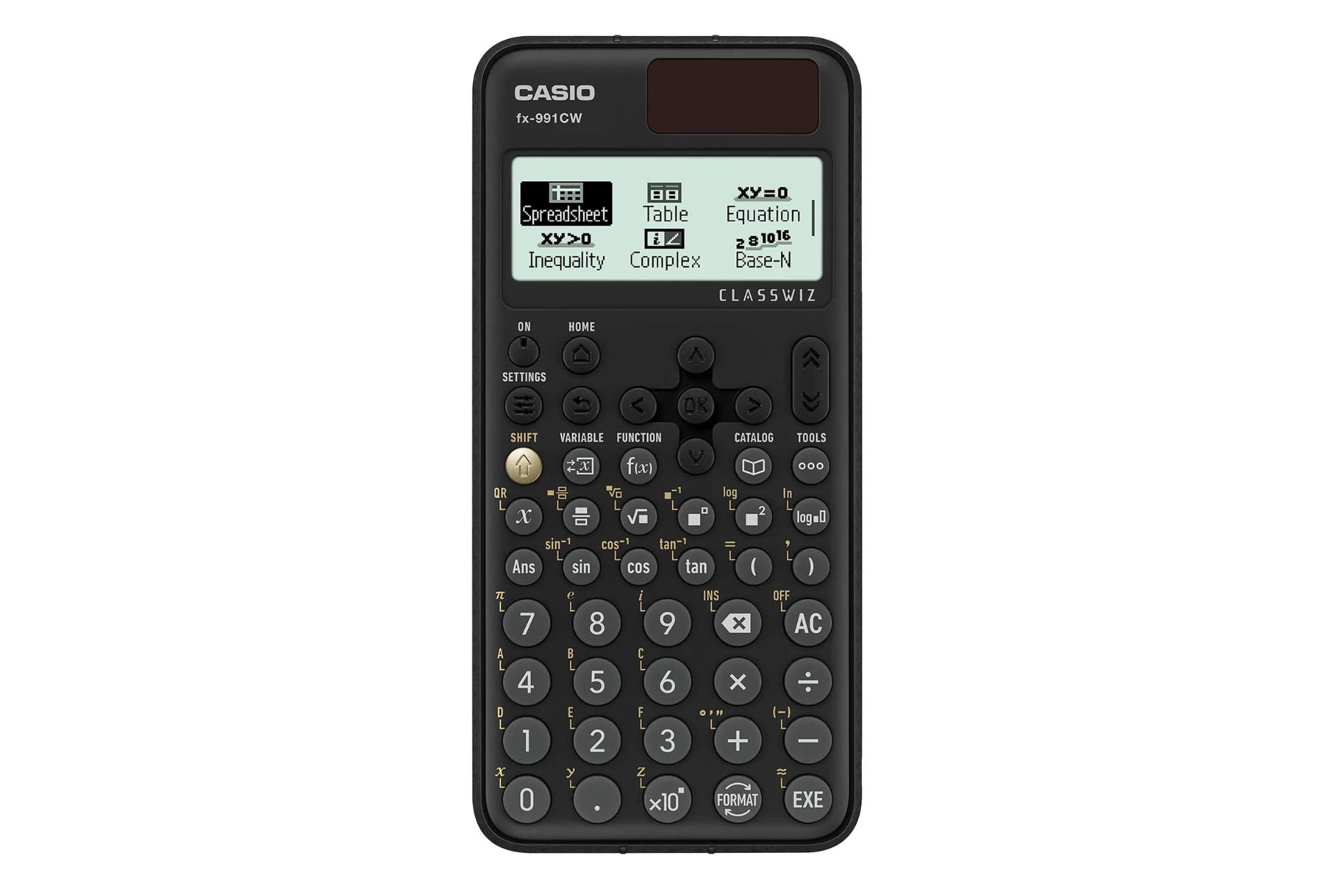 نمای پنل جلوی ماشین حساب کاسیو FX-991CW با نمایشگر روشن و نمایش لوگو و صفحه کلید