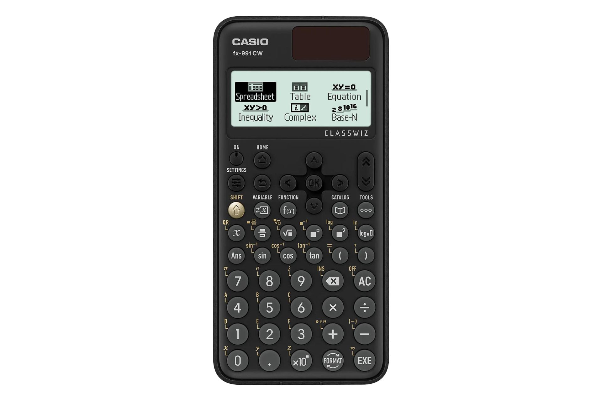 نمای پنل جلوی ماشین حساب کاسیو FX-991CW با نمایشگر روشن و نمایش لوگو و صفحه کلید