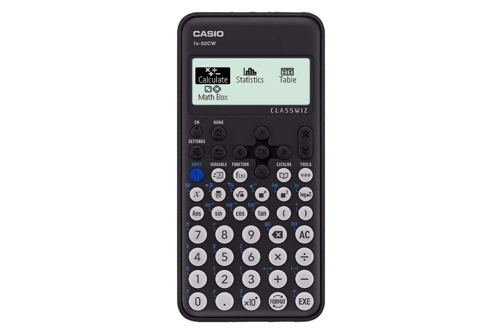 نمای پنل جلوی ماشین حساب کاسیو FX-82CW با نمایشگر روشن و نمایش صفحه کلید