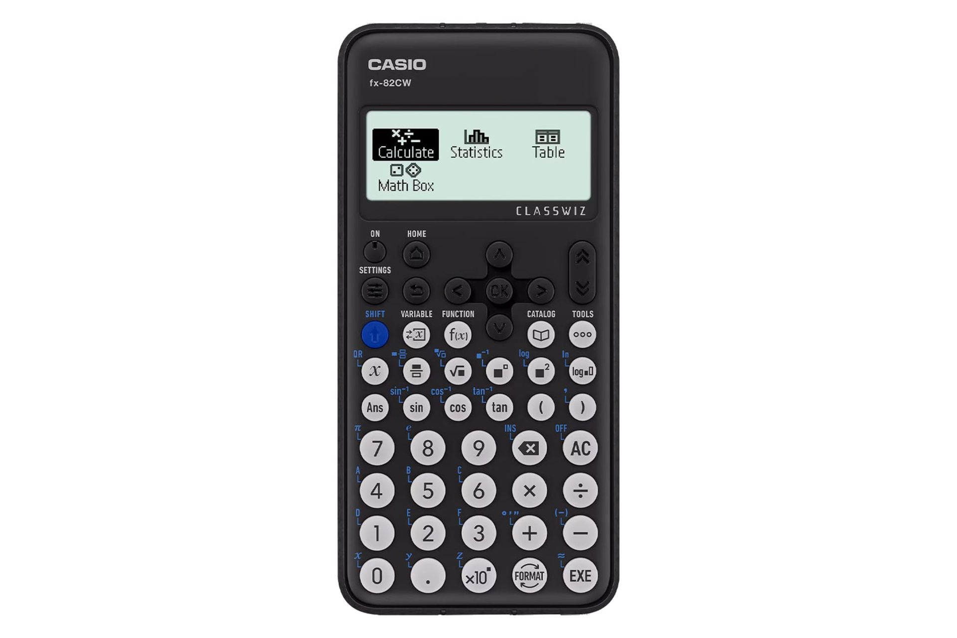 نمای پنل جلوی ماشین حساب کاسیو FX-82CW با نمایشگر روشن و نمایش صفحه کلید