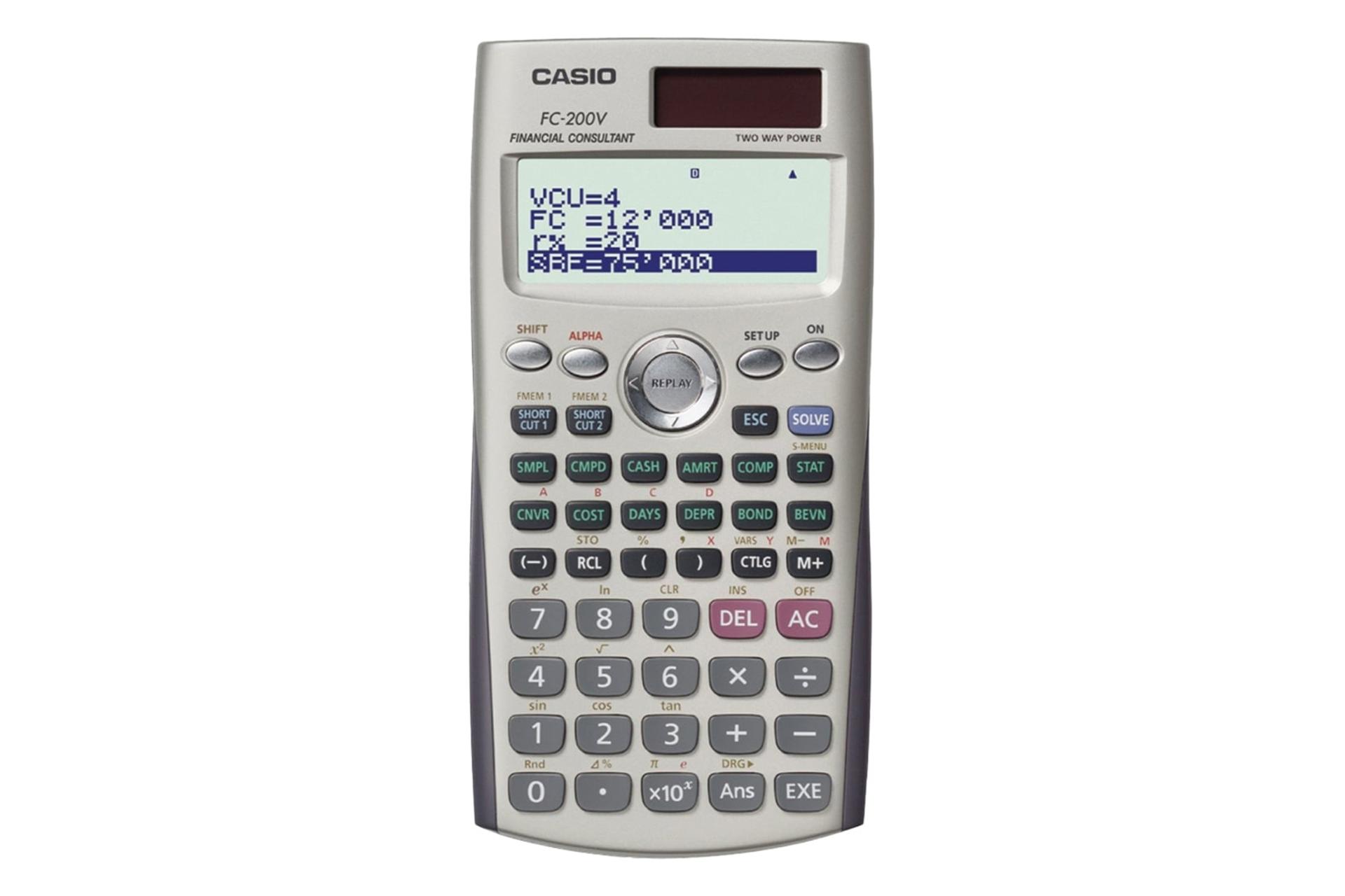 نمای پنل جلوی ماشین حساب کاسیو FC-200V با نمایشگر روشن و نمایش صفحه کلید