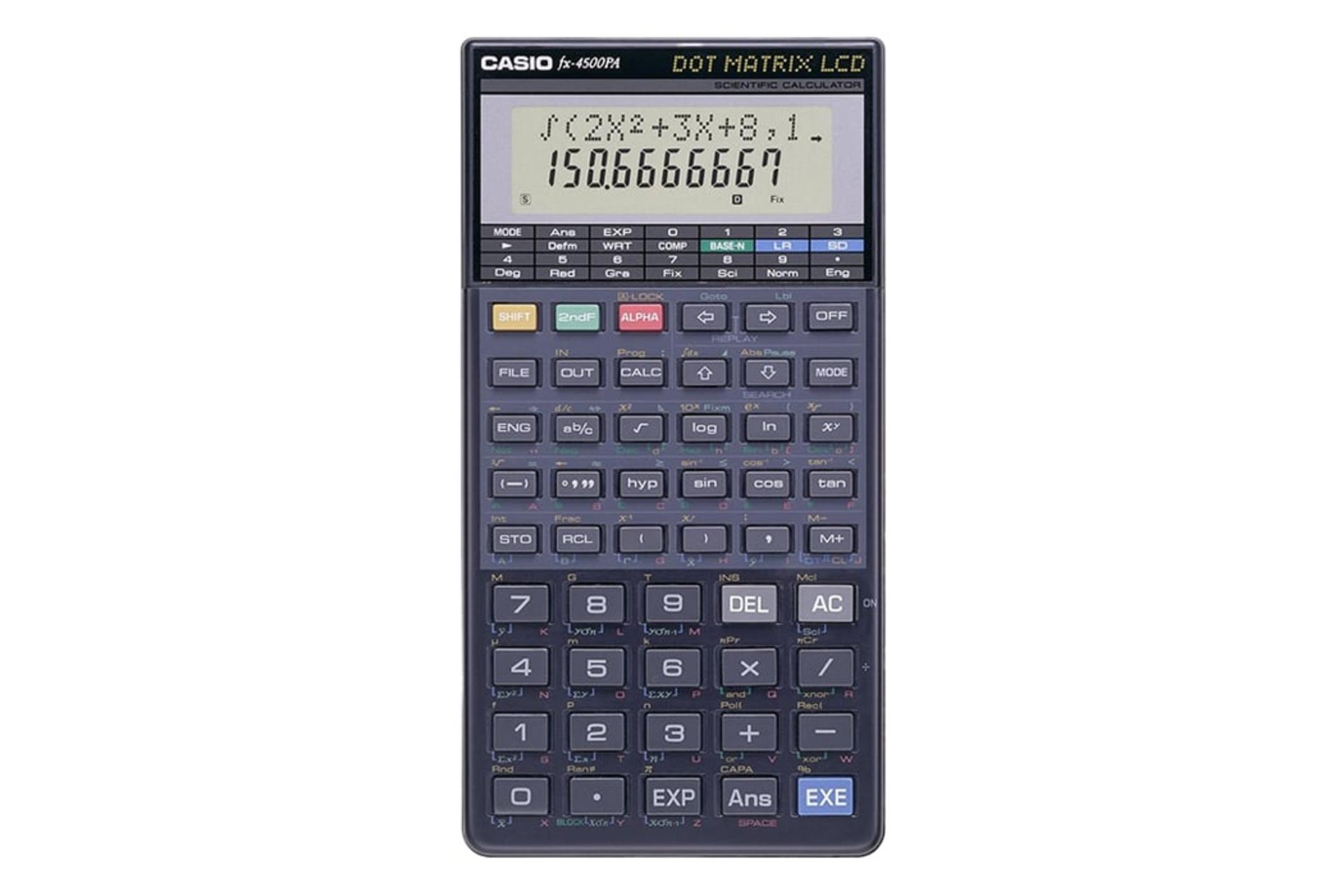 نمای پنل جلوی ماشین حساب کاسیو FX-4500PA با نمایشگر روشن و نمایش صفحه کلید