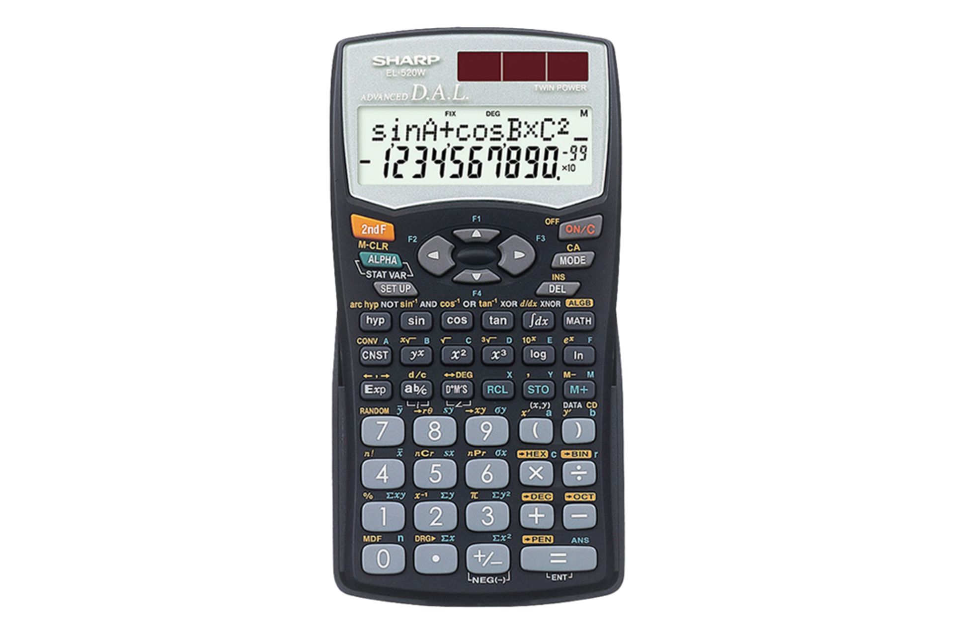 نمای جلوی ماشین حساب شارپ EL-520W با نمایشگر روشن و نمایش صفحه کلید