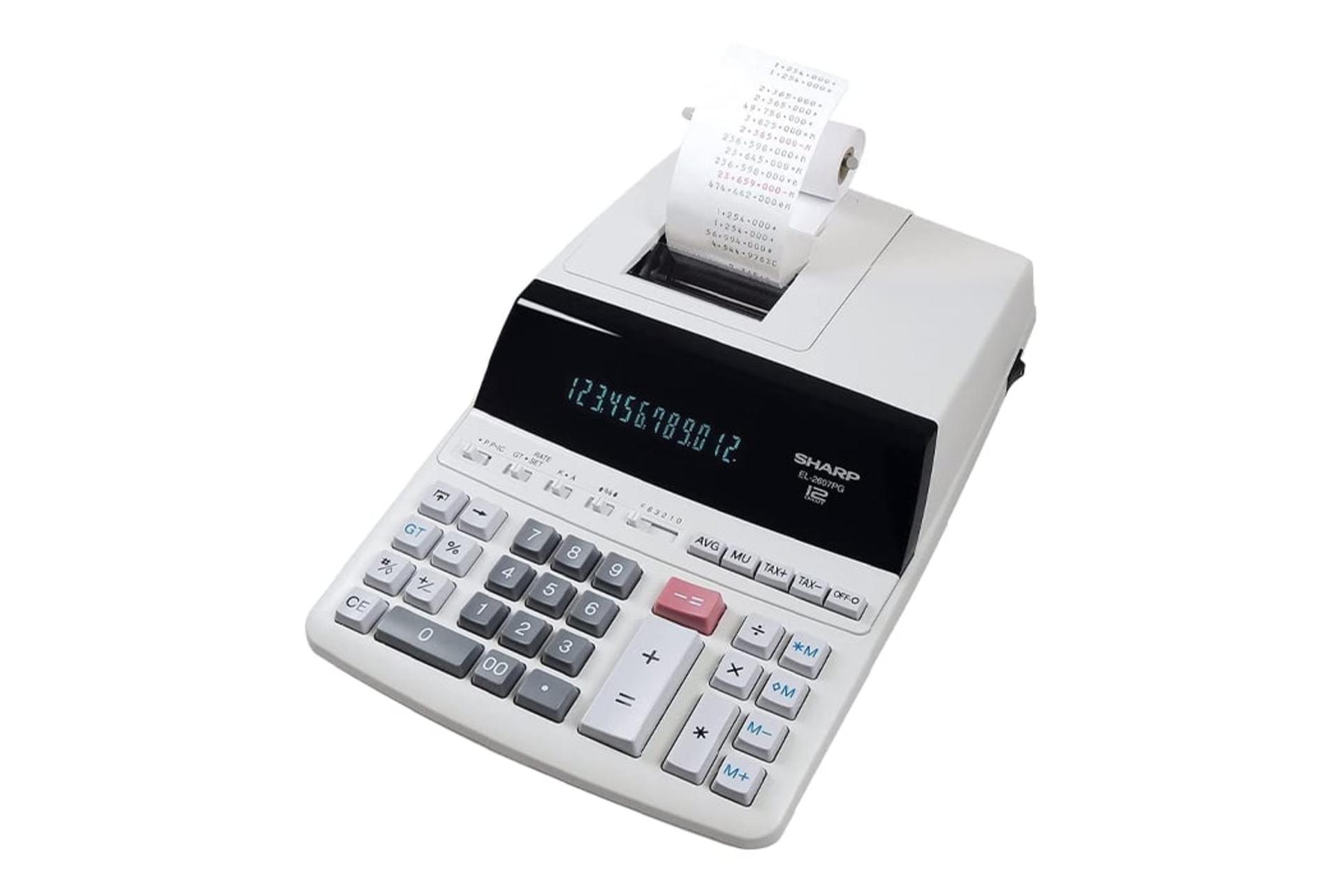 نمای نیمرخ ماشین حساب شارپ EL-2607PG با نمایشگر روشن و نمایش صفحه کلید و چاپگر