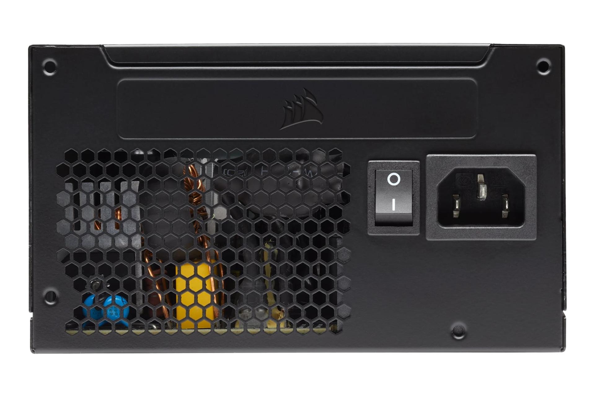 پنل پشت پاور کامپیوتر کورسیر CX650 با توان 650 وات با نمایش درگاه و سوییچ برق