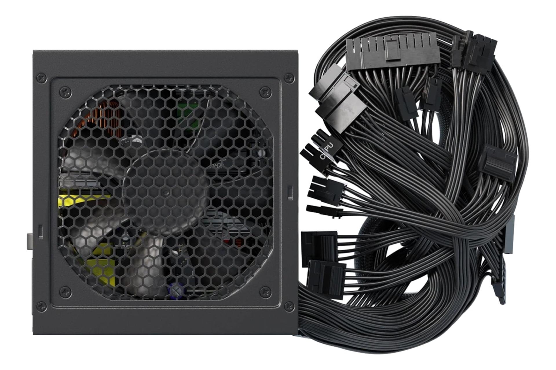 نمای پنل زیر پاور کامپیوتر سی سونیک B12 BC با توان 550 وات با نمایش فن و کابل‌ها