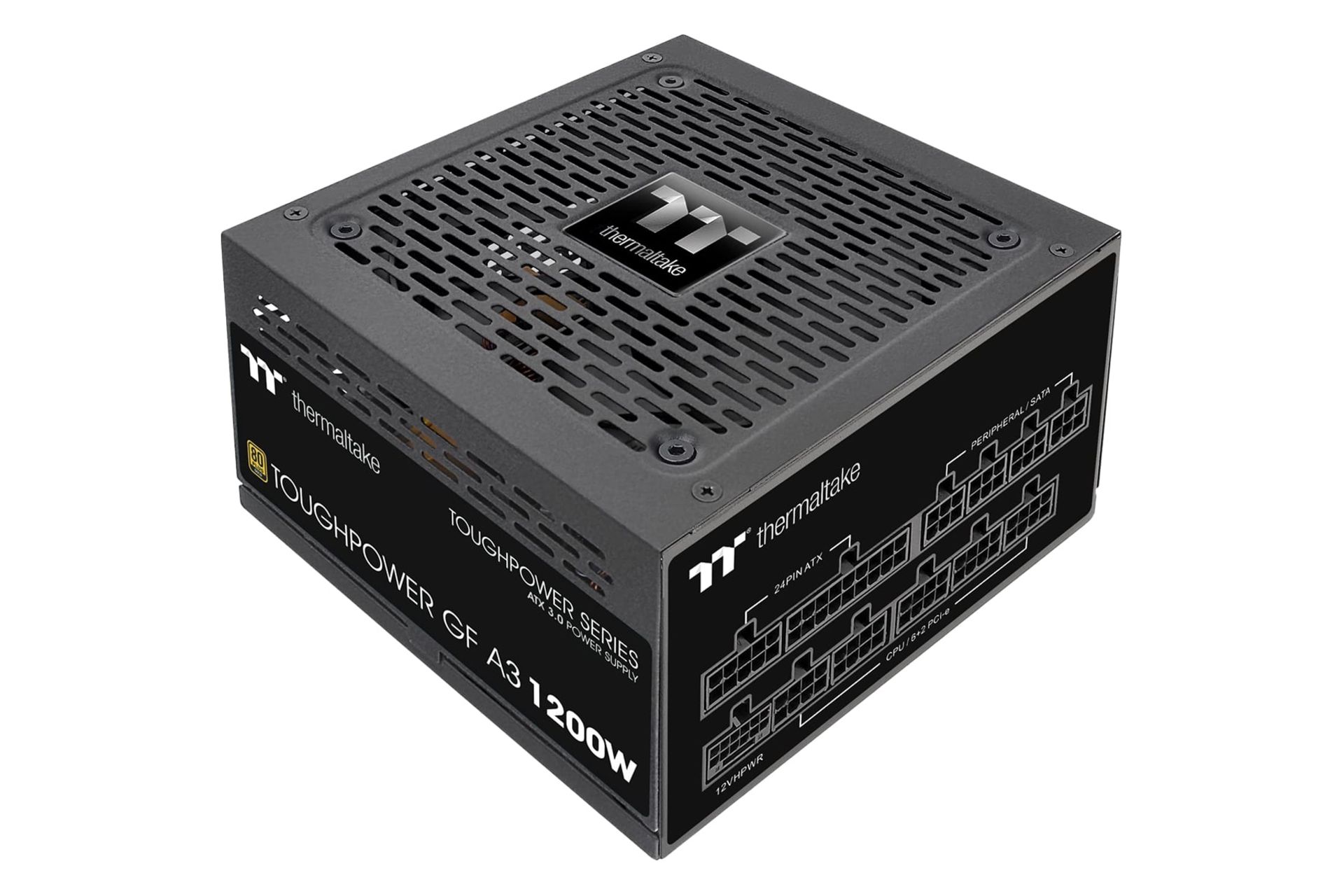 نمای نیمرخ پاور کامپیوتر ترمالتیک Toughpower GF A3 با توان 1200 وات با نمایش لوگو، اتصالات و فن