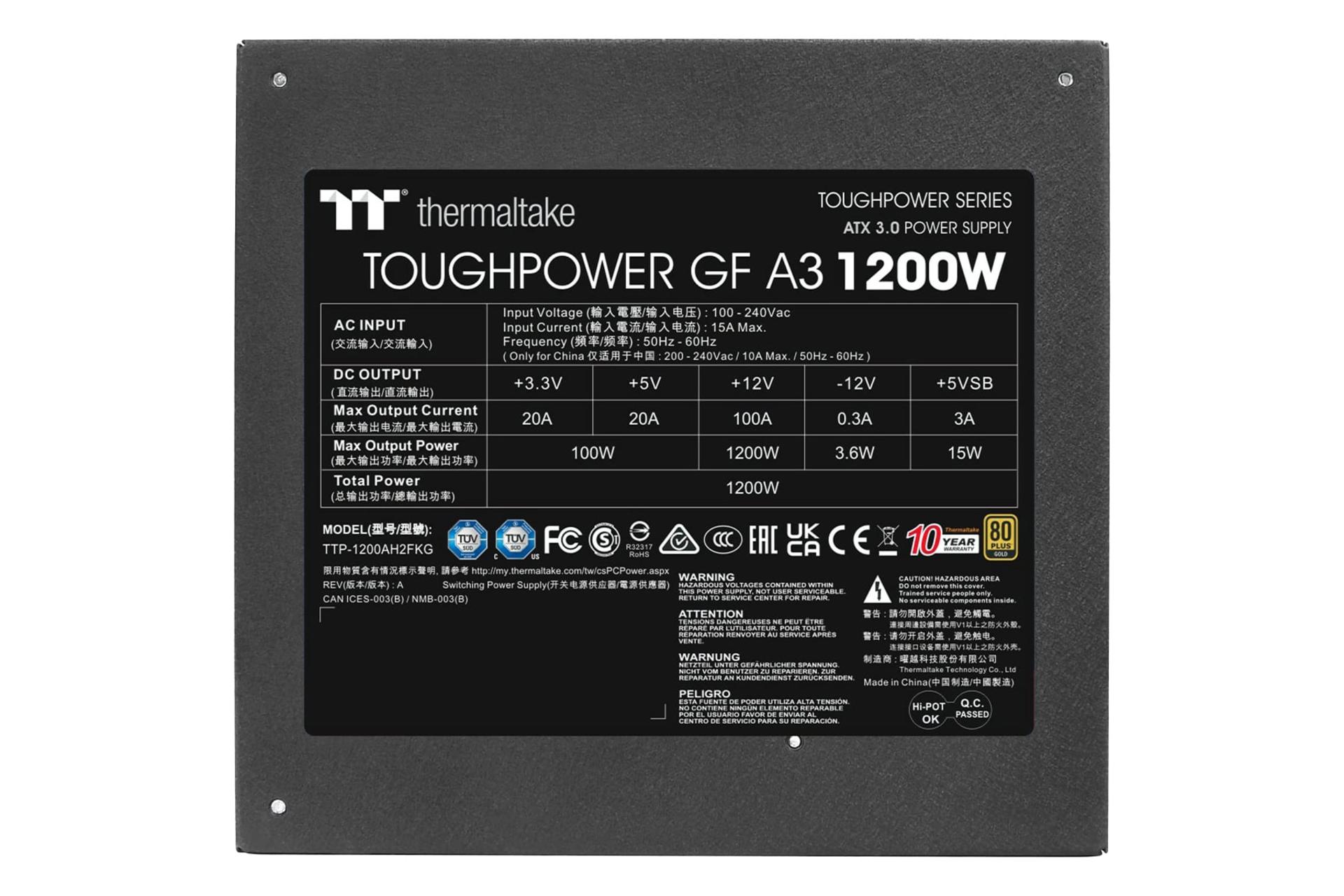 نمای پنل بالای پاور کامپیوتر ترمالتیک Toughpower GF A3 با توان 1200 وات با نمایش برچسب اطلاعات