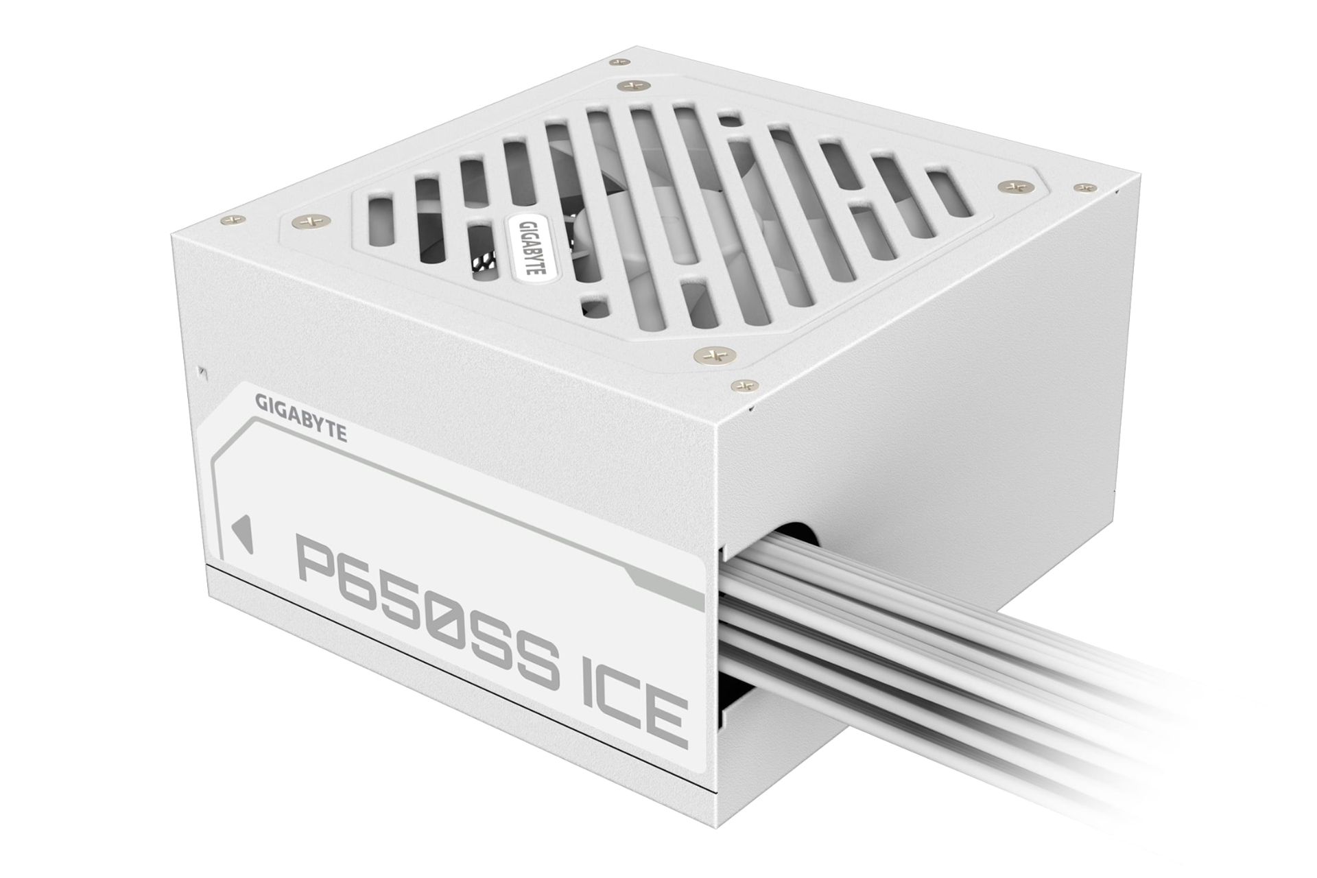 نمای نیمرخ پاور کامپیوتر گیگابایت P650SS ICE با توان 650 وات با نمایش پنل پشت و کابل‌ها