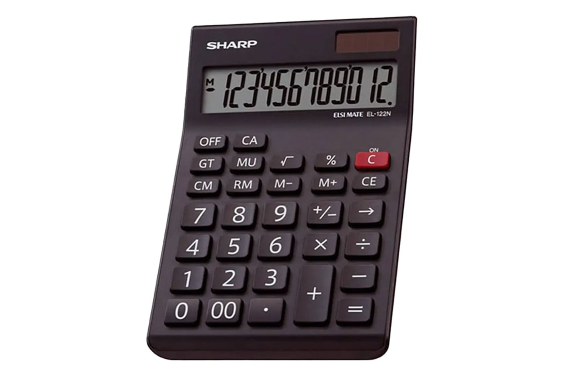نمای نیمرخ ماشین حساب شارپ EL-122N با نمایشگر روشن و نمایش صفحه کلید