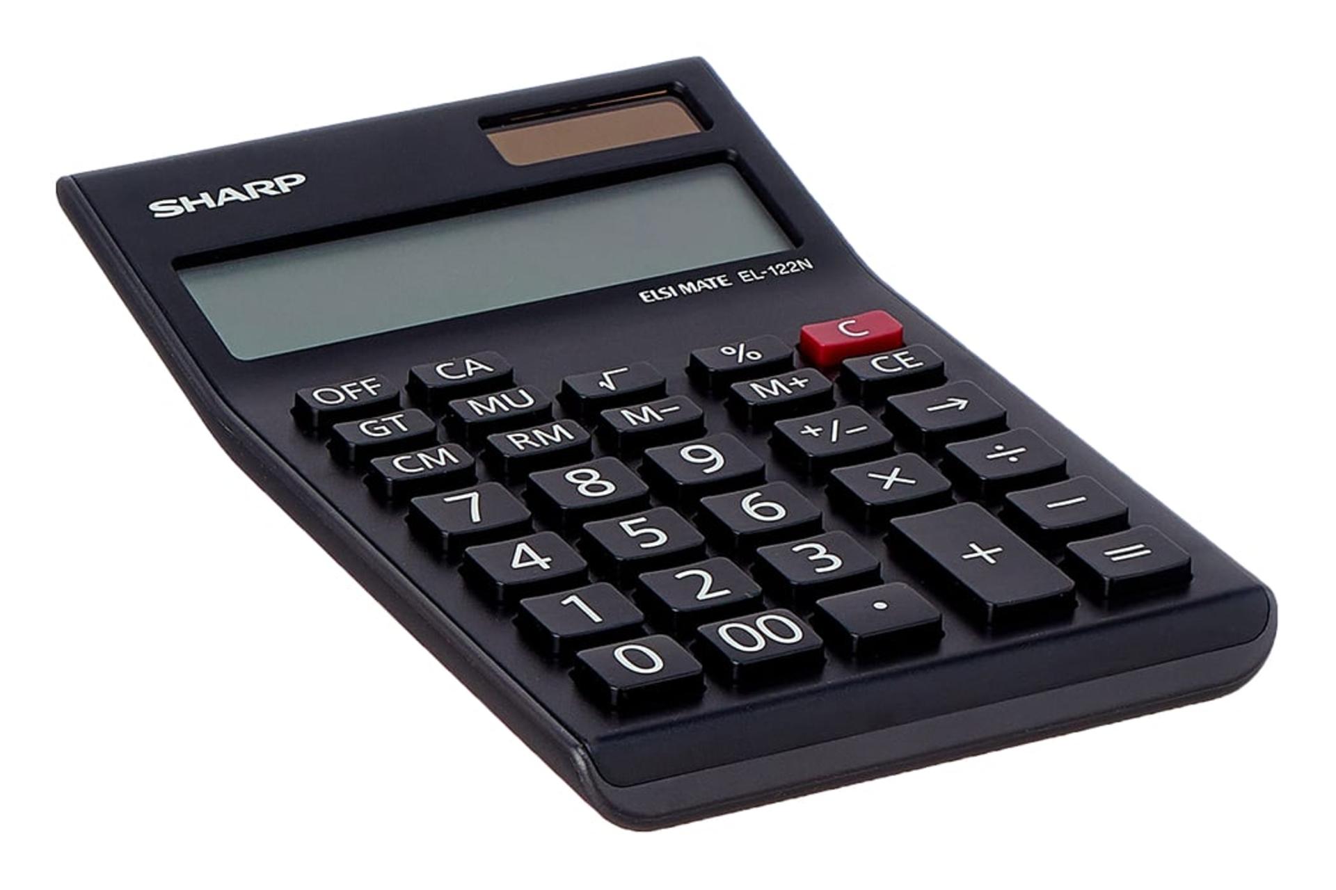 نمای نیمرخ ماشین حساب شارپ EL-122N با نمایش لبه سمت چپ و لوگو