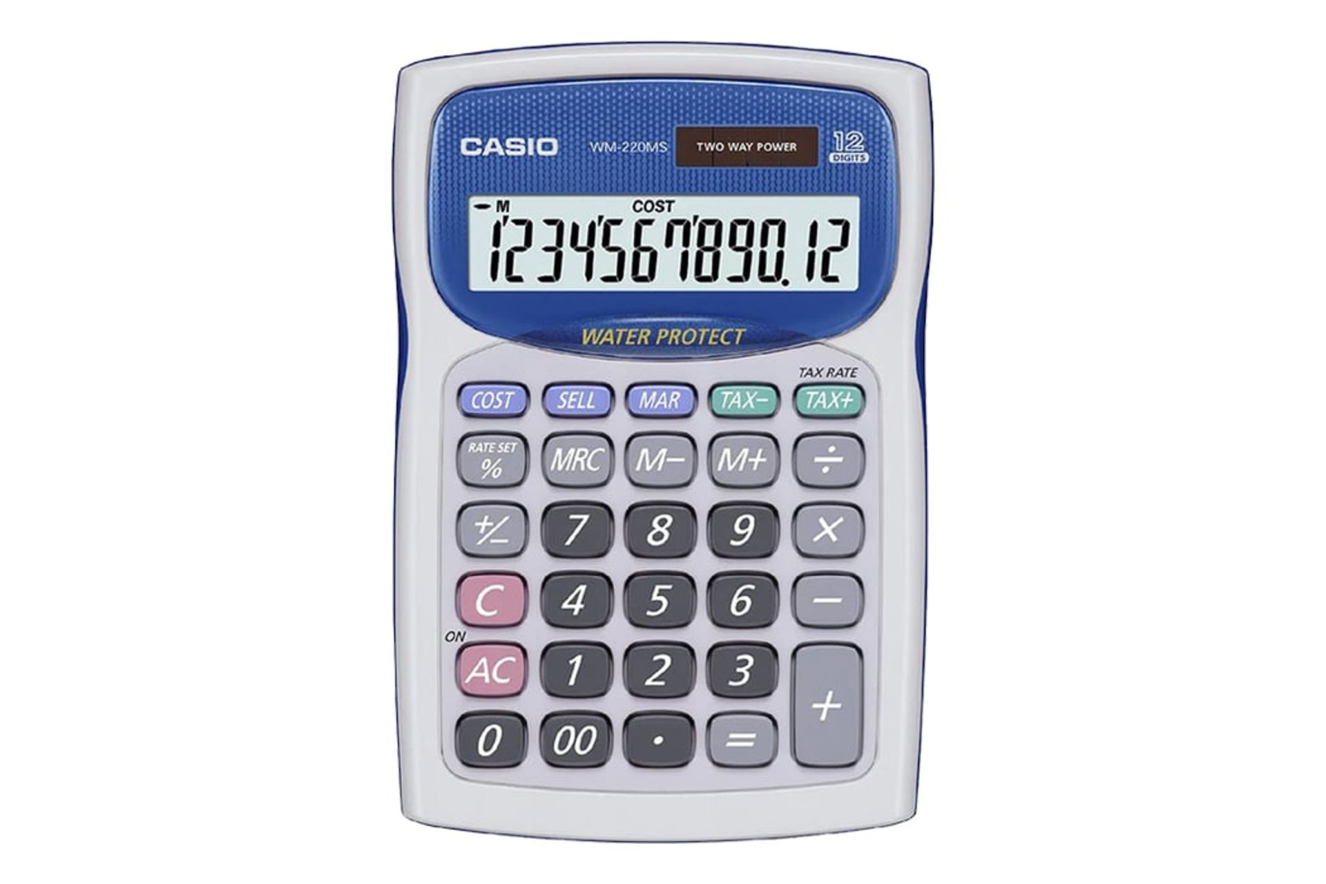 نمای جلوی ماشین حساب کاسیو WM-220MS با نمایشگر روشن و نمایش صفحه کلید رنگ آبی