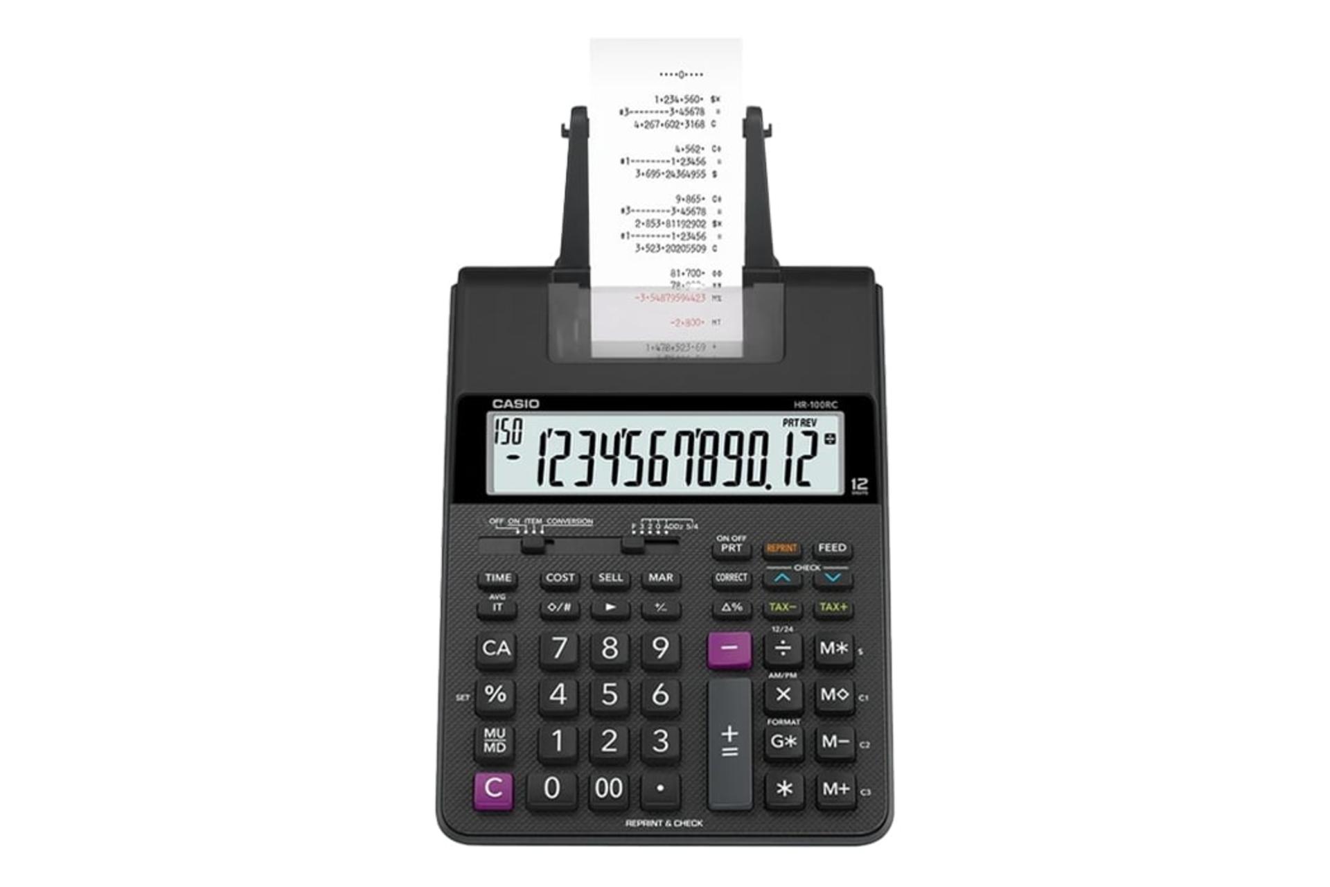 نمای بالای ماشین حساب کاسیو HR-100RC با نمایشگر روشن و نمایش صفحه کلید و چاپگر