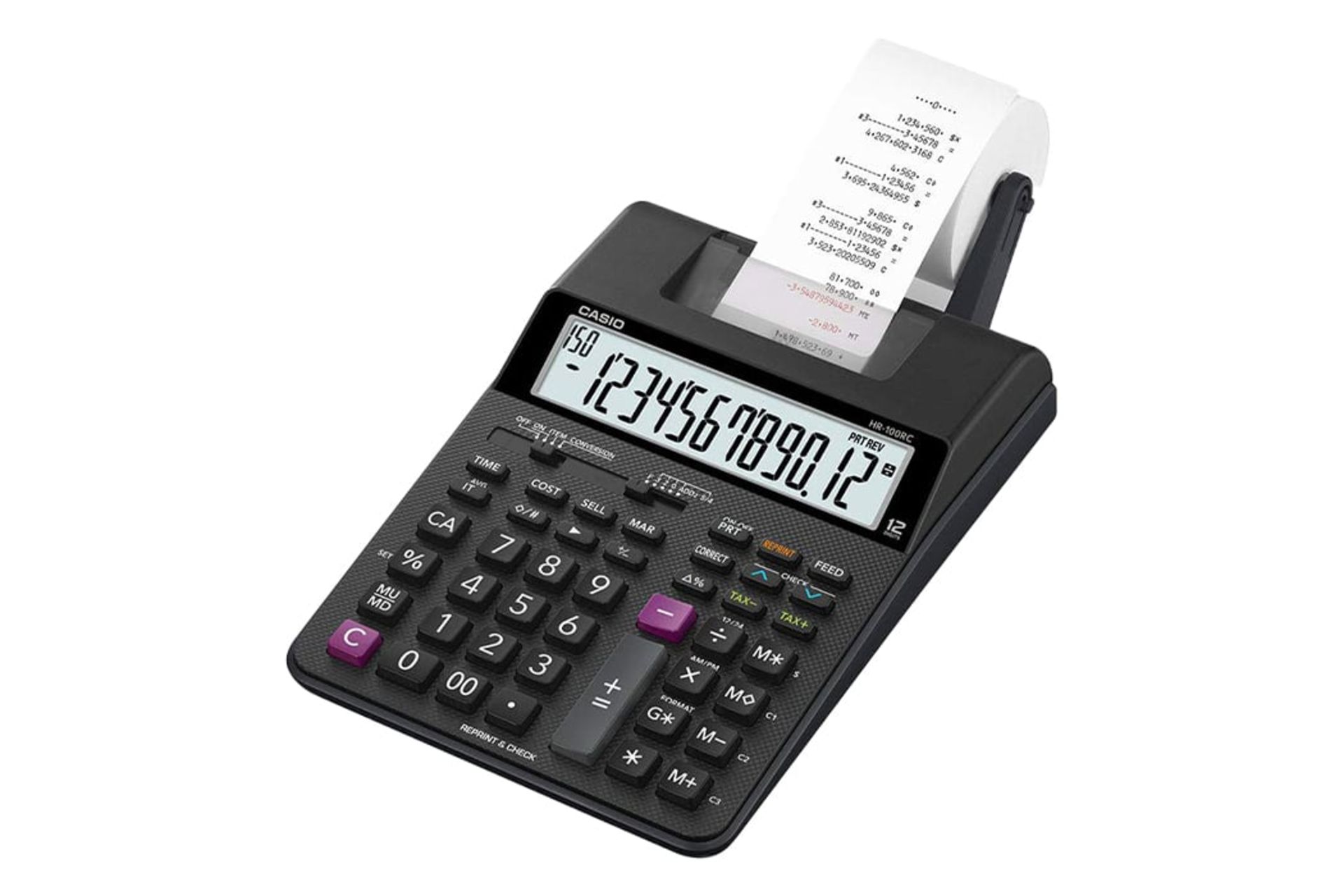 نمای نیمرخ ماشین حساب کاسیو HR-100RC با نمایشگر روشن و نمایش صفحه کلید و چاپگر