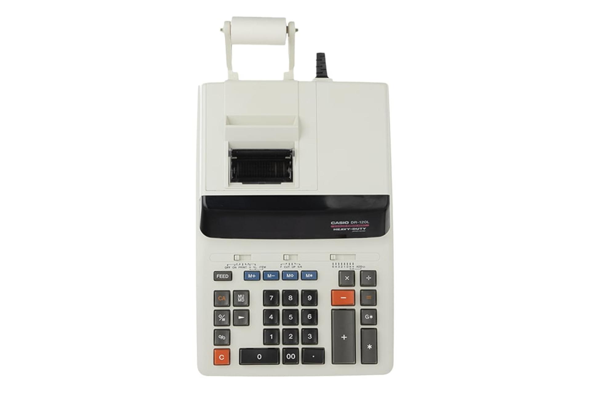 نمای بالای ماشین حساب کاسیو DR-120L با نمایش صفحه کلید و چاپگر