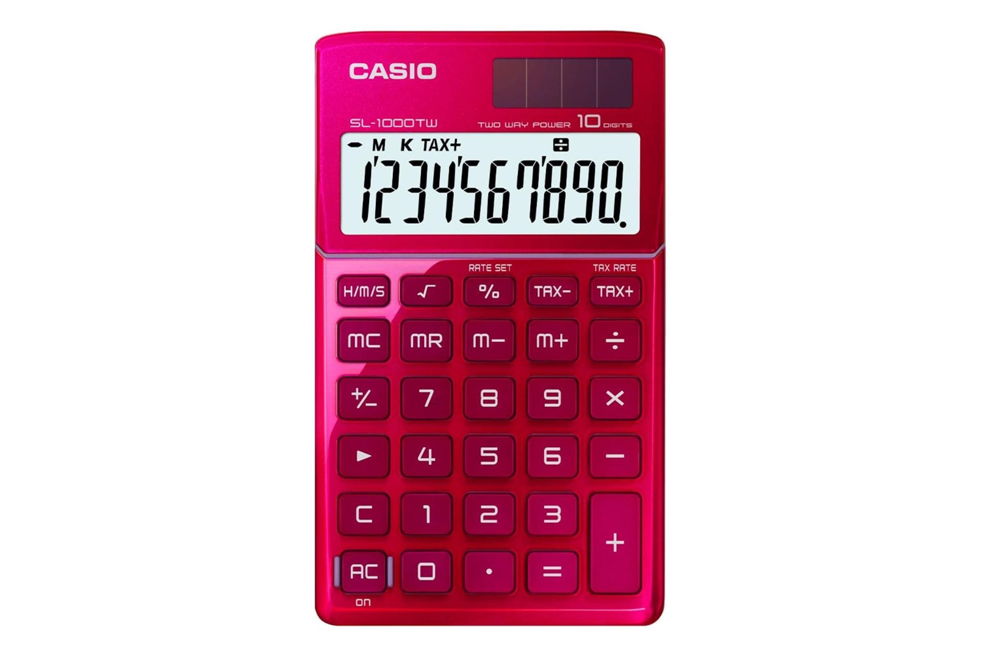 نمای جلوی ماشین حساب کاسیو SL-1000TW با نمایشگر روشن و نمایش صفحه کلید رنگ قرمز
