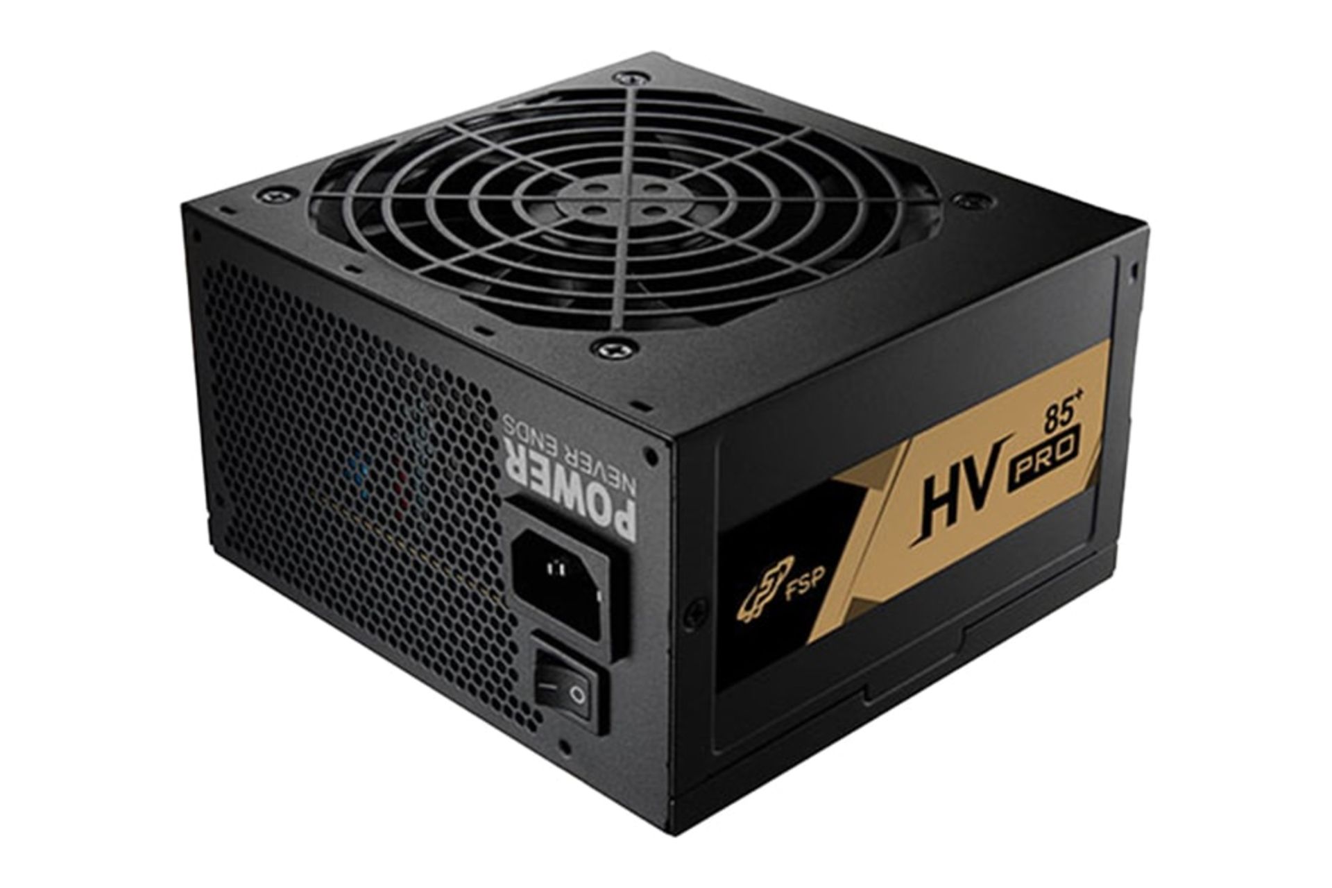 نمای نیمرخ پاور کامپیوتر اف اس پی HV PRO 85+ با توان 550 وات با نمایش لوگوی پنل کناری و درگاه برق پنل پشت