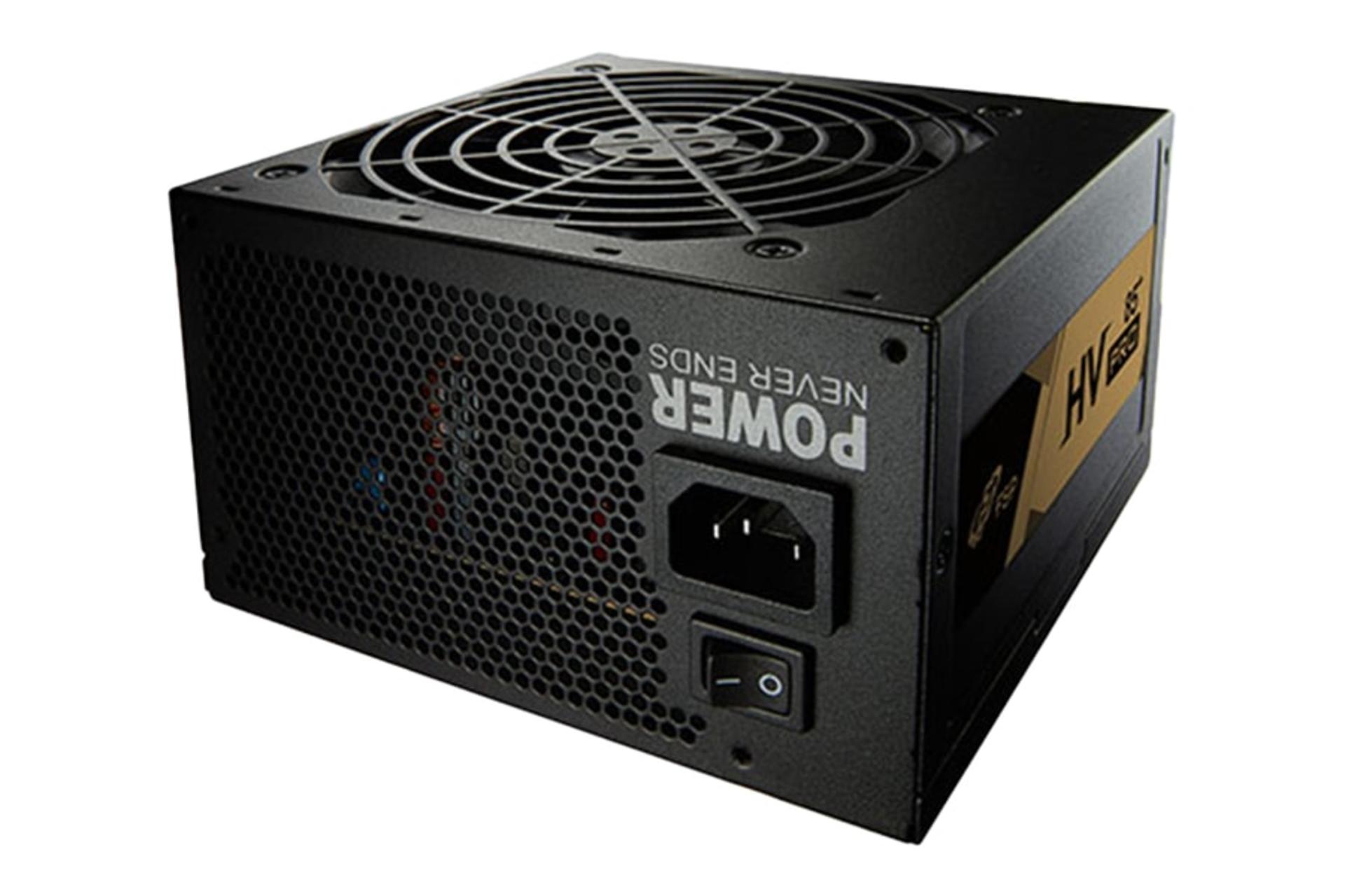 نمای نیمرخ پاور کامپیوتر اف اس پی HV PRO 85+ با توان 550 وات با نمایش لوگو، درگاه و سوییچ برق پنل پشت
