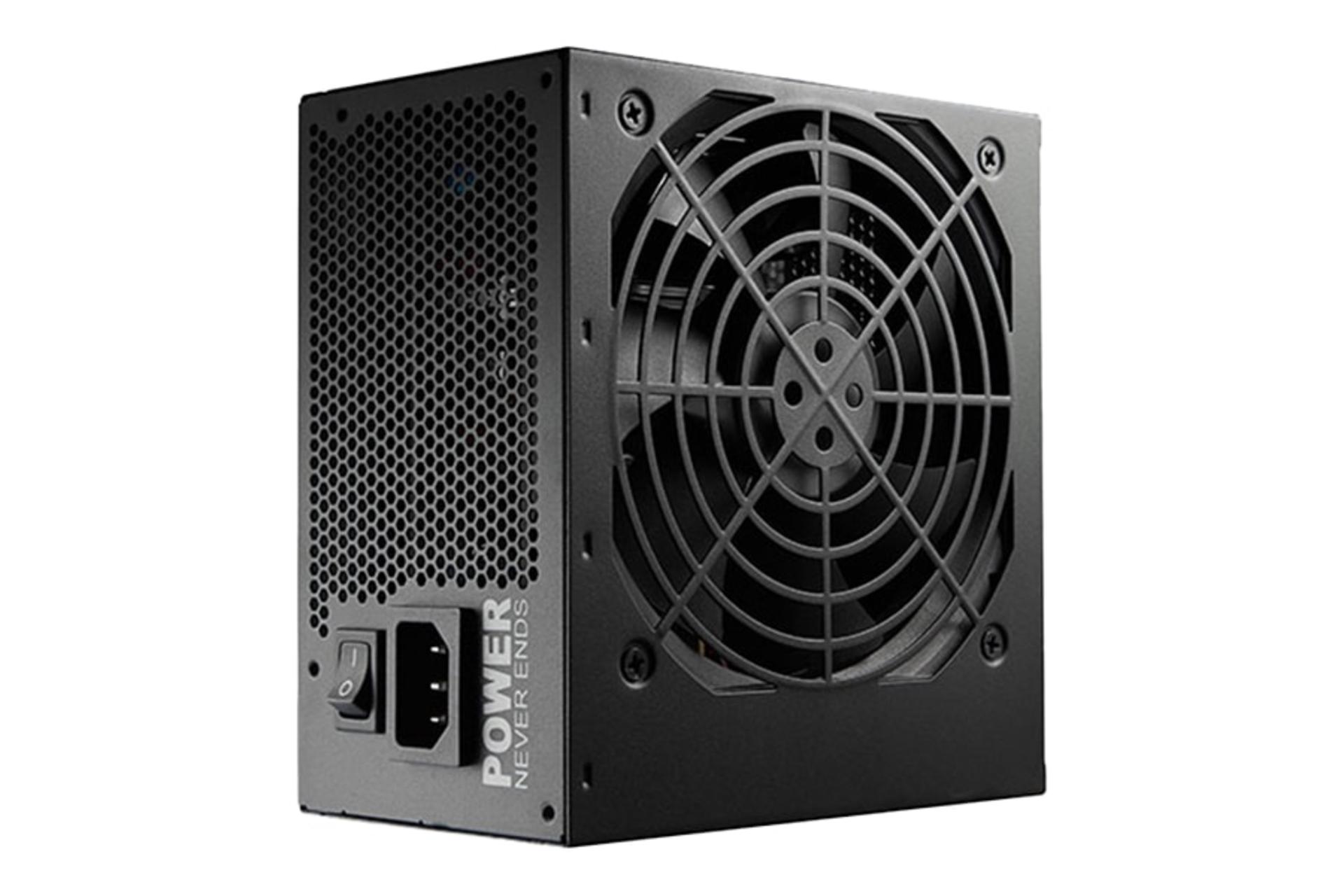 نمای نیمرخ زیر پاور کامپیوتر اف اس پی HV PRO 85+ با توان 550 وات با نمایش فن و درگاه برق