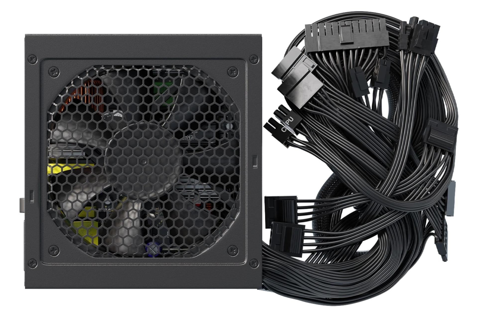 نمای پنل زیر پاور کامپیوتر سی سونیک B12 BC با توان 650 وات با نمایش فن و کابل‌ها