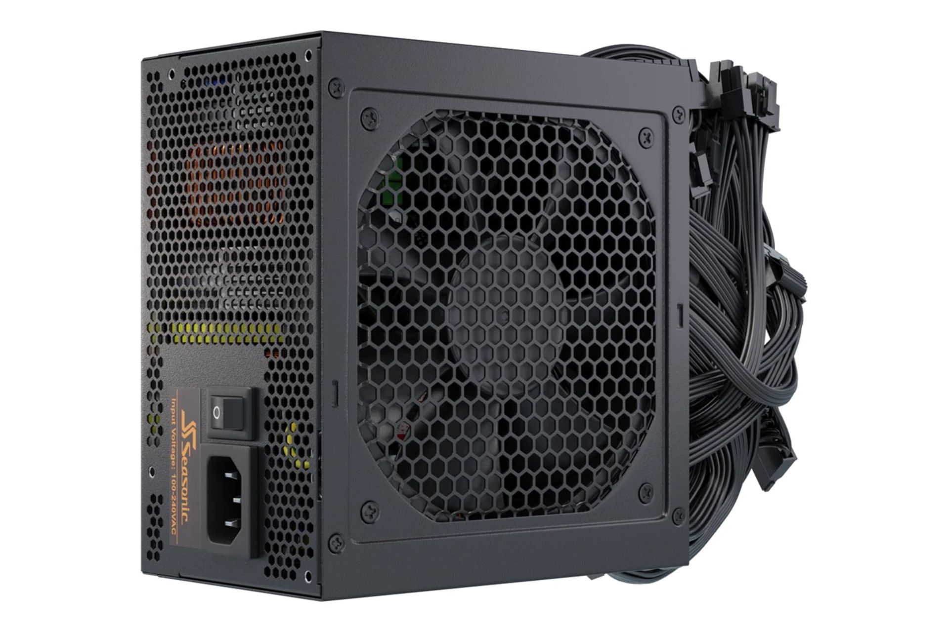 نمای نیمرخ پاور کامپیوتر سی سونیک B12 BC با توان 650 وات با نمایش فن و کابل‌ها و درگاه برق