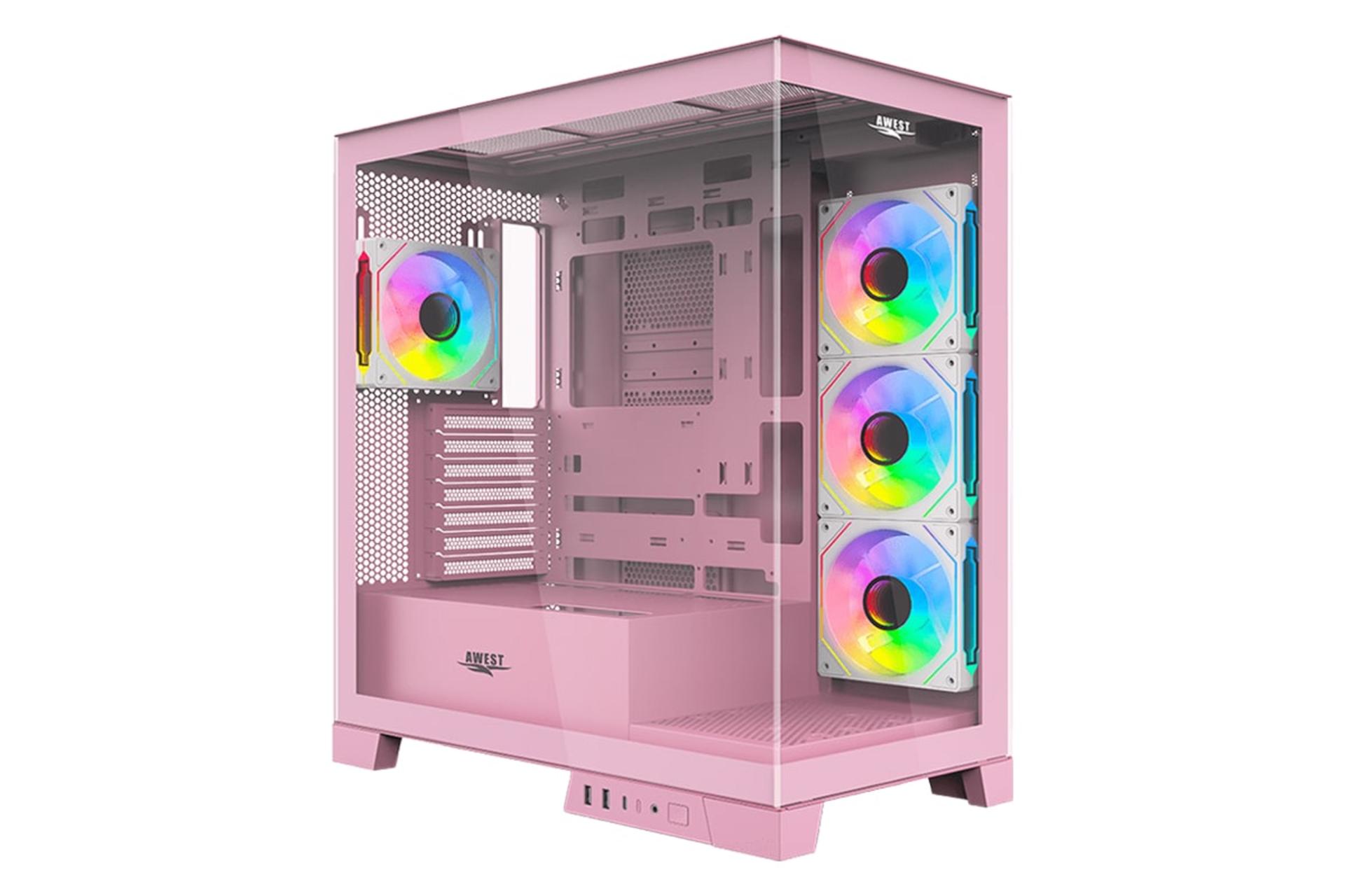 نمای نیمرخ کیس کامپیوتر اوست GT-AQ16-MP با نمایش پنل جلو، کناری، لوگو، درگاه‌های ورودی و خروجی و نورپردازی فن‌ها